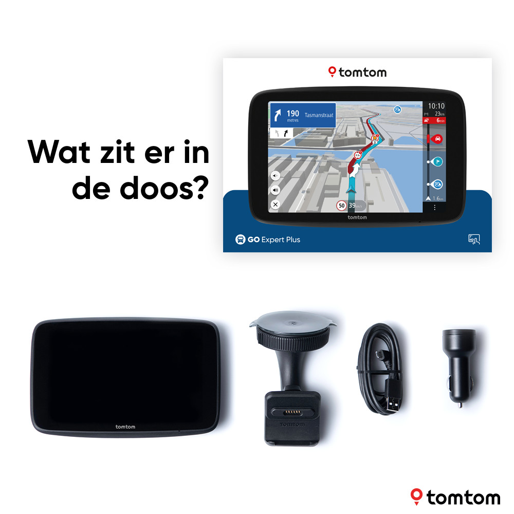 TomTom GPS-navigatiesysteem. De doos toont een GPS-apparaat en zijn accessoires.