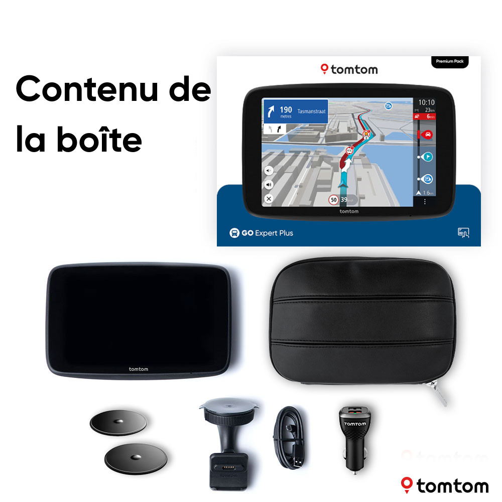 Une image montre le contenu d'une boîte TomTom. Elle comprend l'appareil, des accessoires et un support de voiture.
