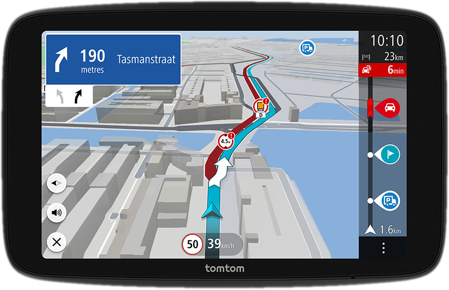 Écran de navigation GPS affichant un itinéraire sur une carte avec des informations de vitesse et de distance.