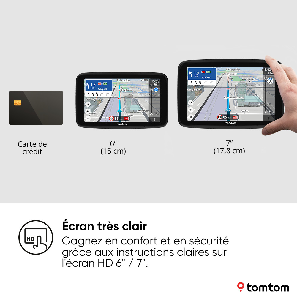Appareils de navigation GPS, 6" et 7", avec une carte de crédit, affichant un guidage cartographique.