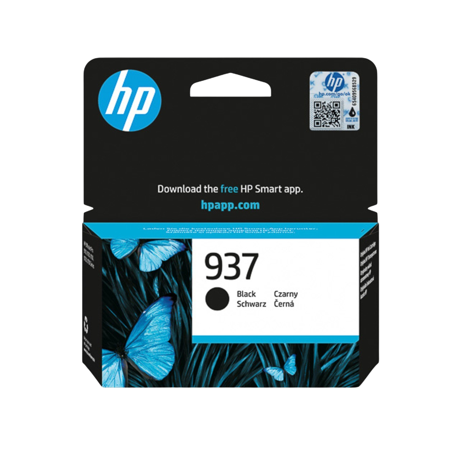 Emballage de cartouche d'encre noire HP 937 avec des papillons.