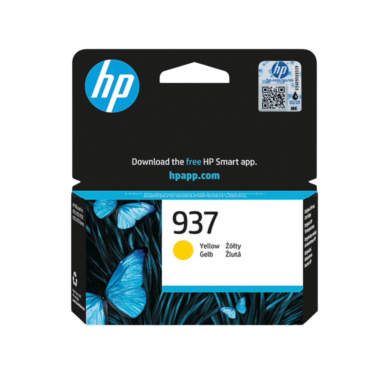 HP inktcartridge verpakking. Gele cartridge in de doos met blauwe vlinders.
