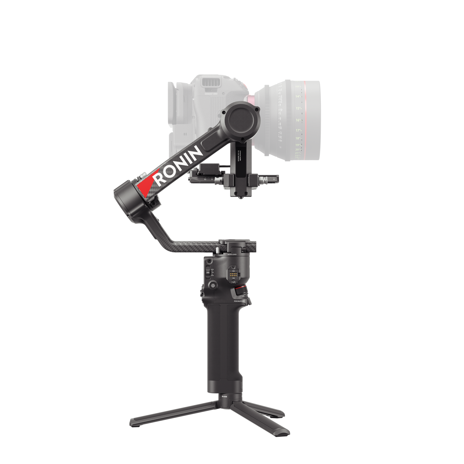 Una cámara profesional en un gimbal. La configuración es negra con detalles en rojo.