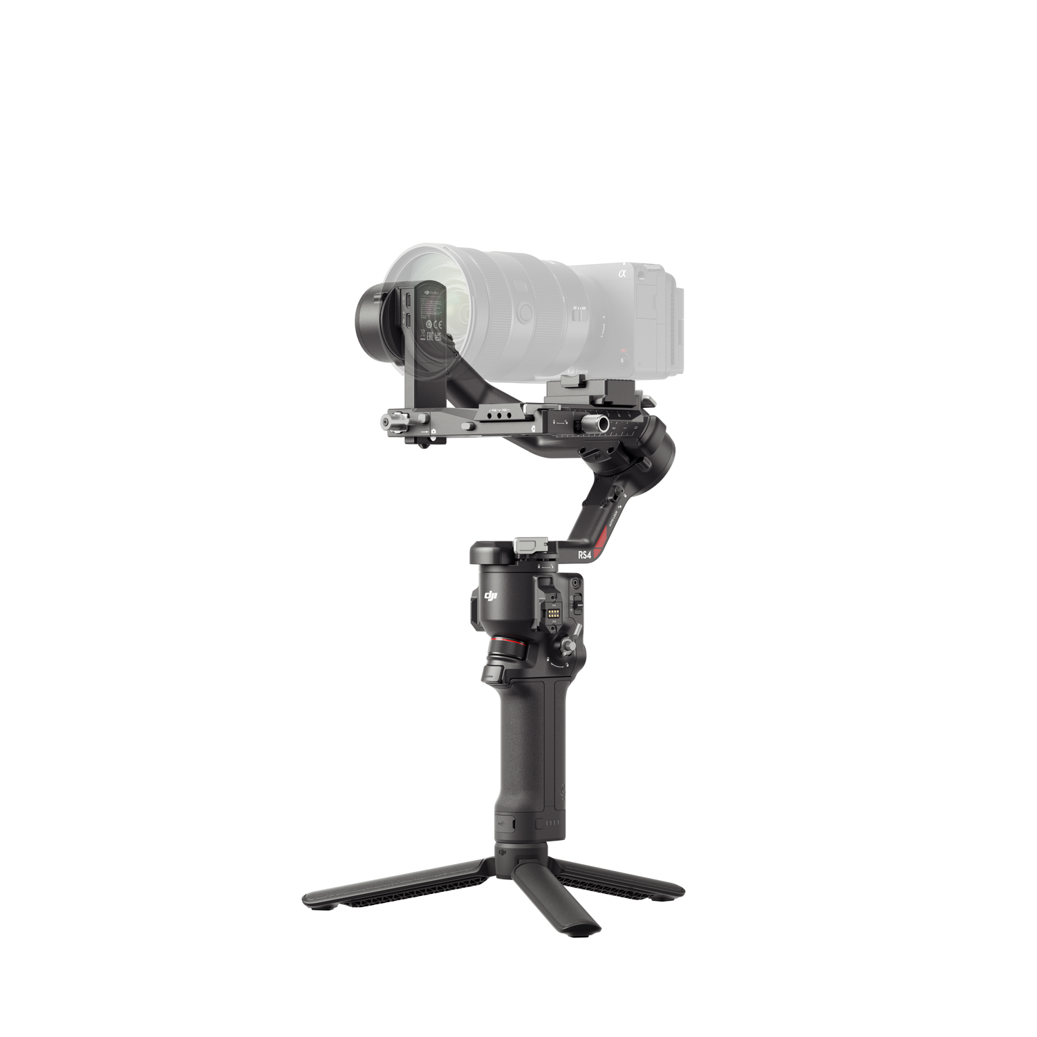 Cámara montada en un estabilizador gimbal con trípode. Fondo negro.