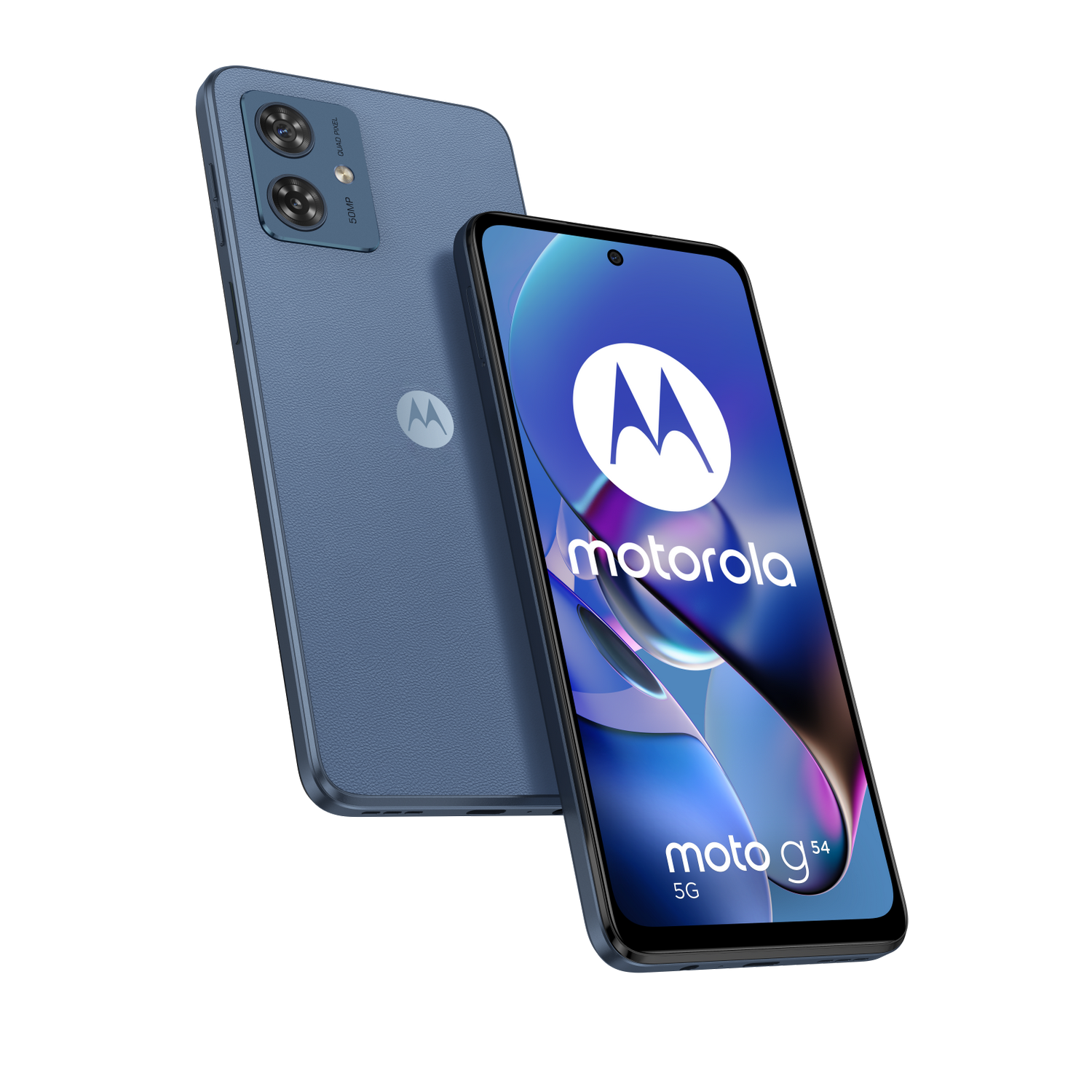 Dos smartphones Motorola azules. Uno está acostado, el otro de pie.