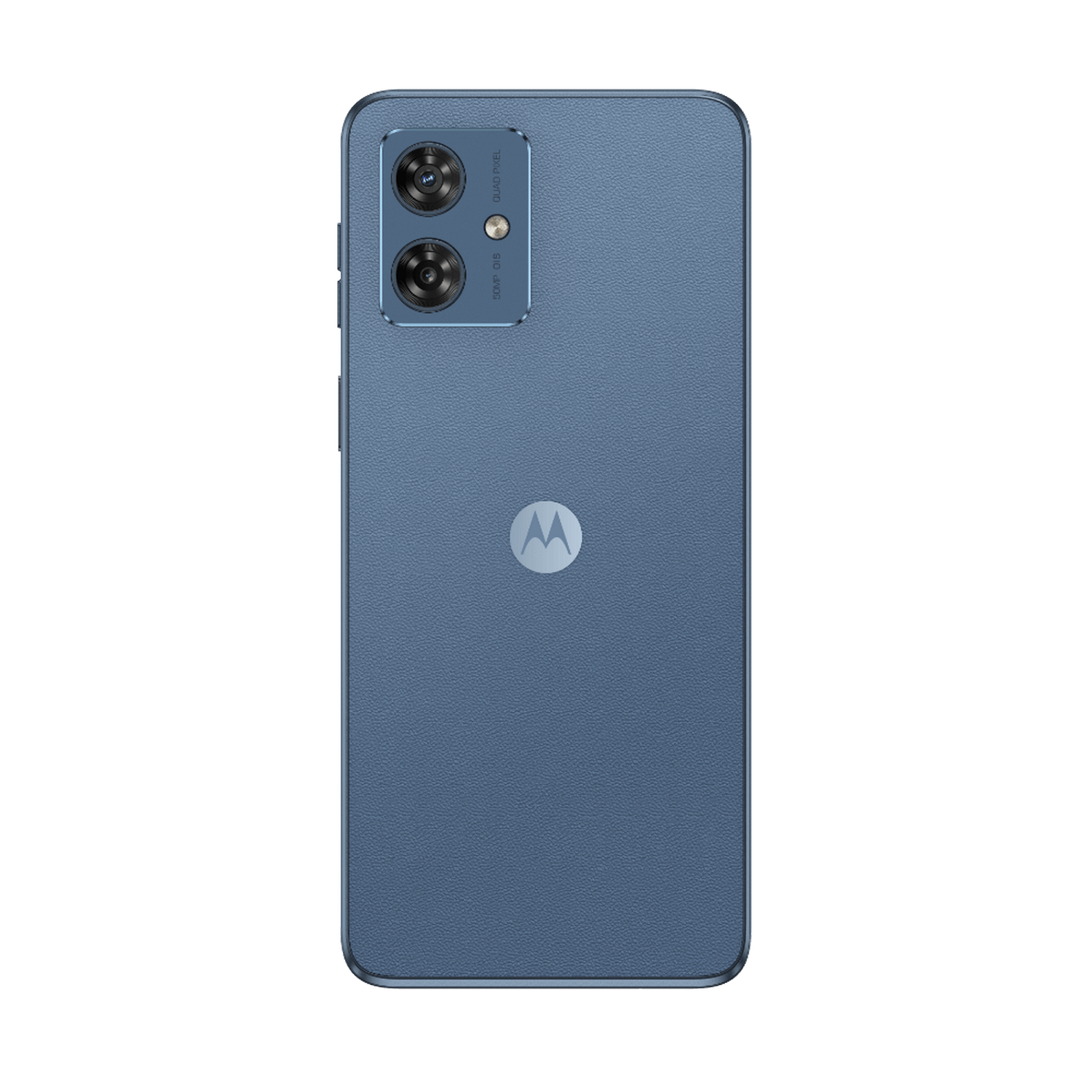 Vista trasera de un teléfono inteligente azul con dos cámaras y el logotipo de Motorola sobre un fondo negro.