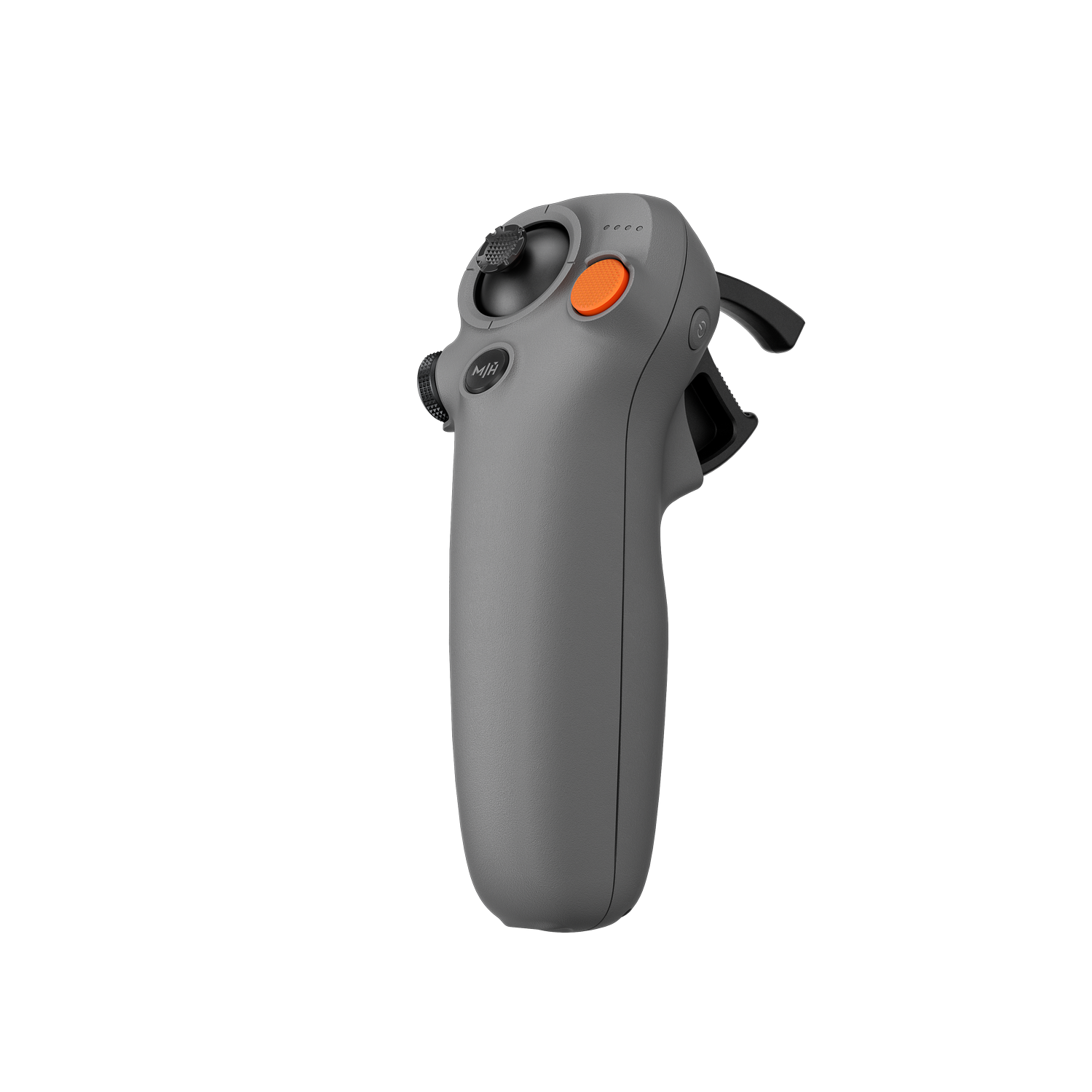 Un controlador VR gris con botones y un gatillo, aislado sobre un fondo negro.