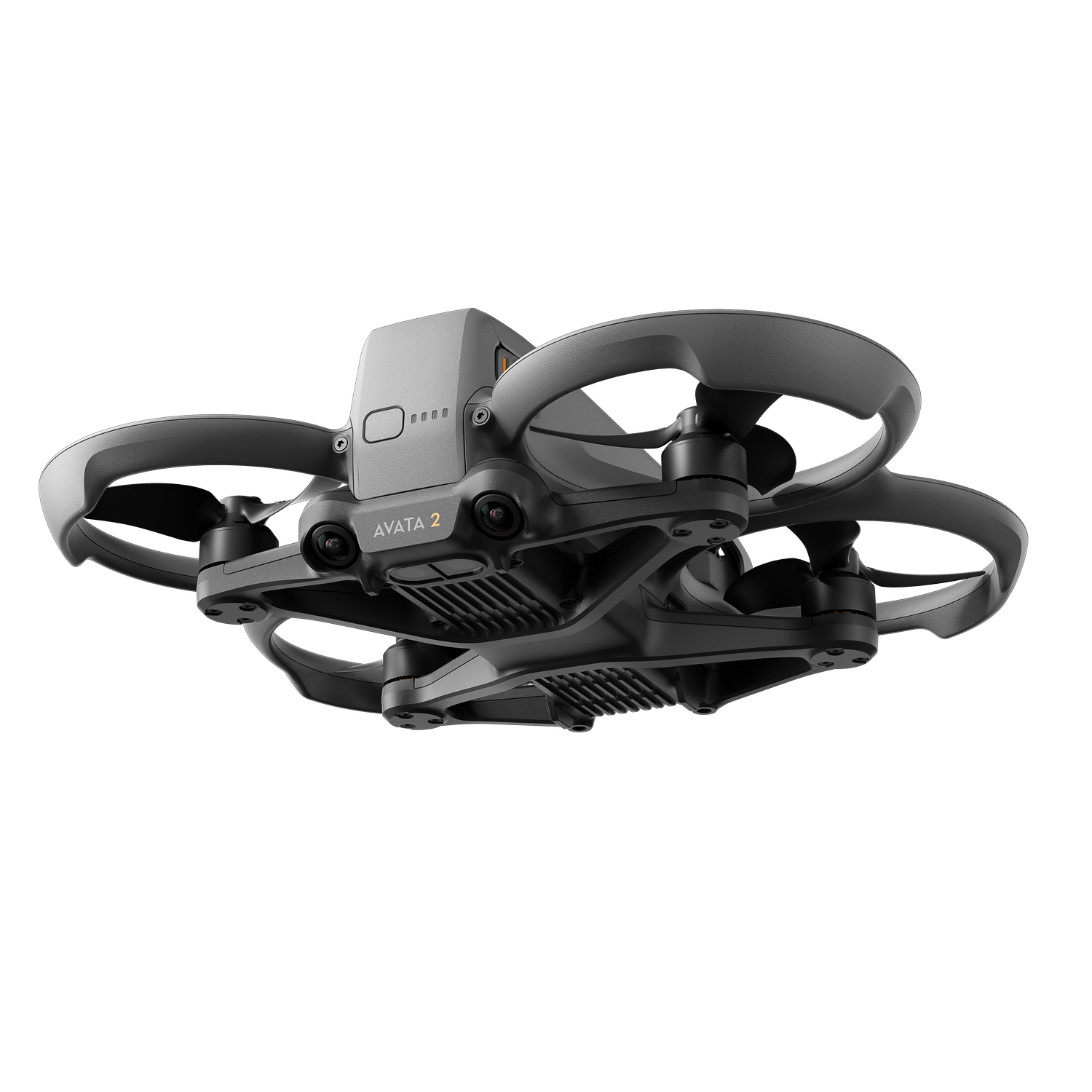 Un dron negro y gris, AVATA 2, sobre un fondo negro. Cuatro hélices.