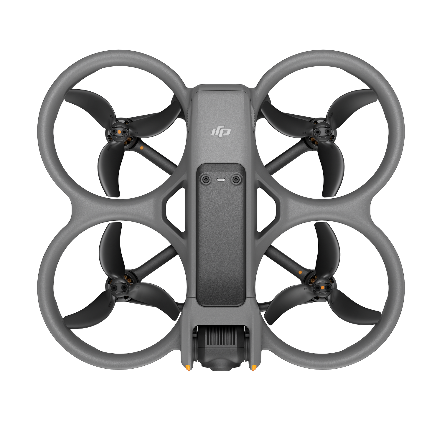 Dron gris con cuatro hélices. Fondo negro. Vista superior.