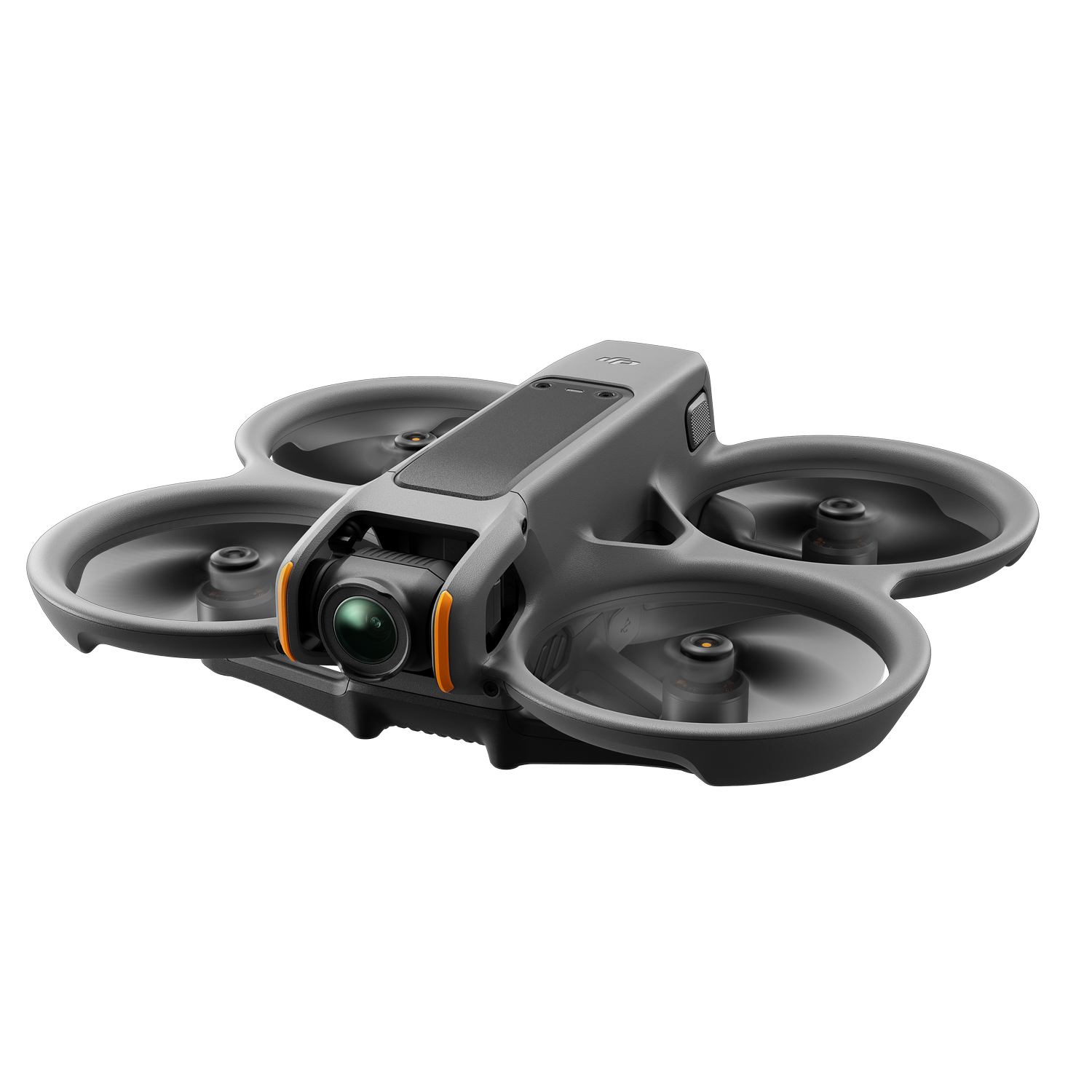 Dron gris con tres hélices, acentos naranjas, sobre fondo negro.