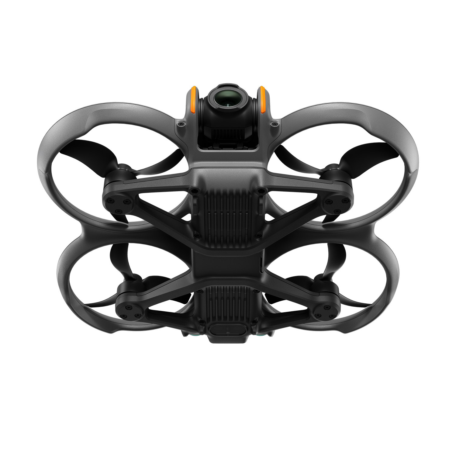 Drone negro desde arriba con luces naranjas en la parte superior. El fondo es negro.