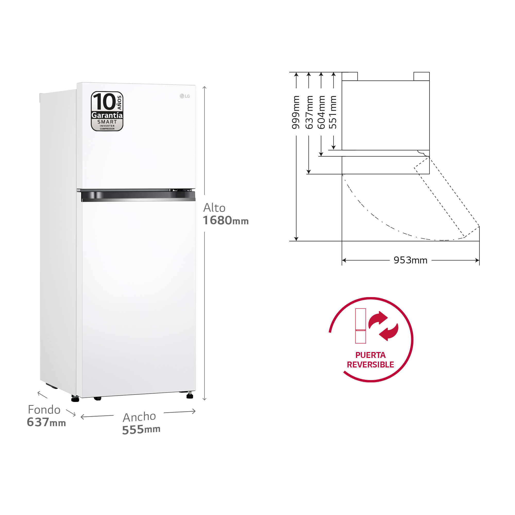 Frigorífico dos puertas - LG GTBV22SWGKD, No Frost, 144.5 cm, 217 l, DoorCooling+™,  Multi Air Flow, Blanco