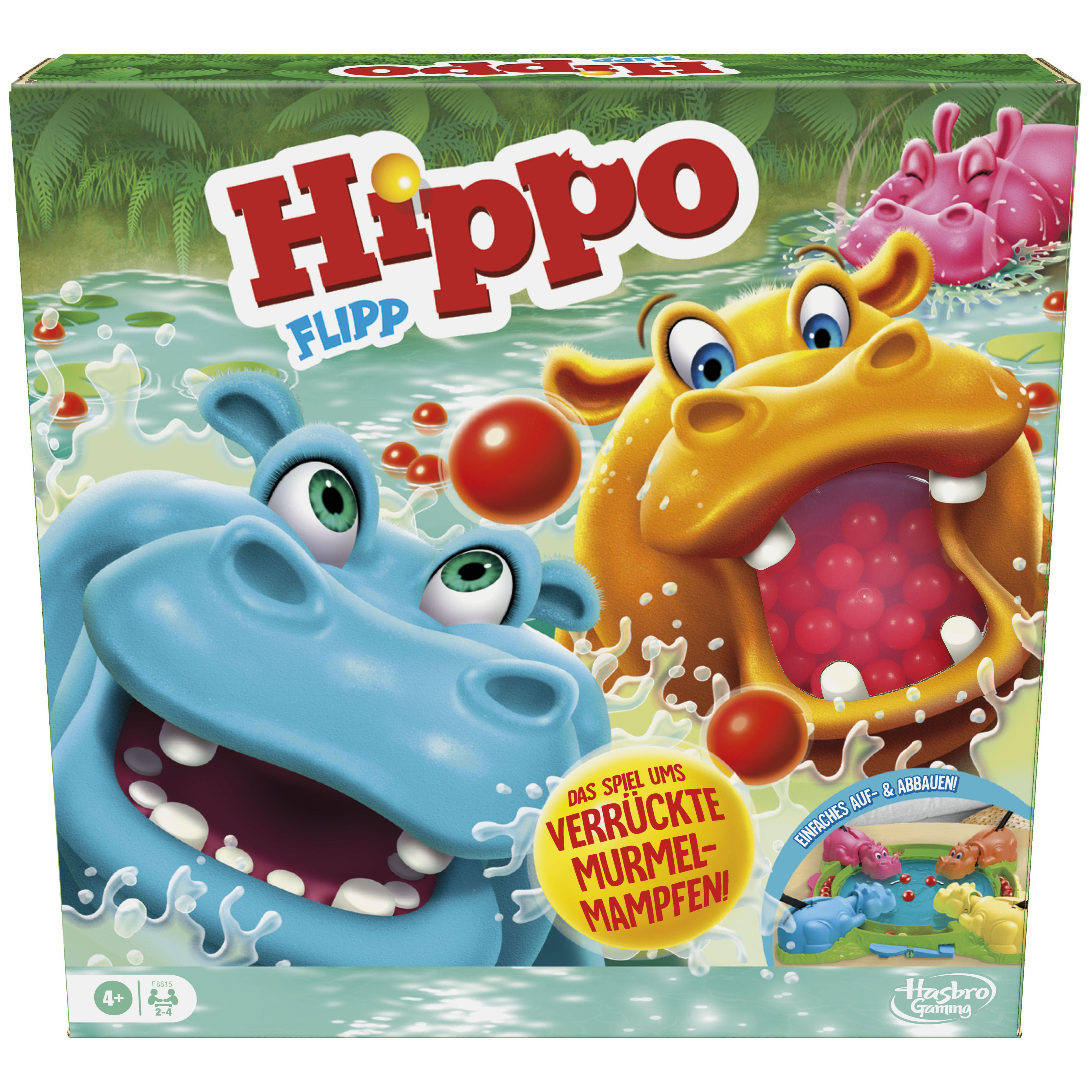 Hippo-Brettspielbox. Blaue und gelbe Flusspferde mit roten Kugeln. Grün-weißer Hintergrund.