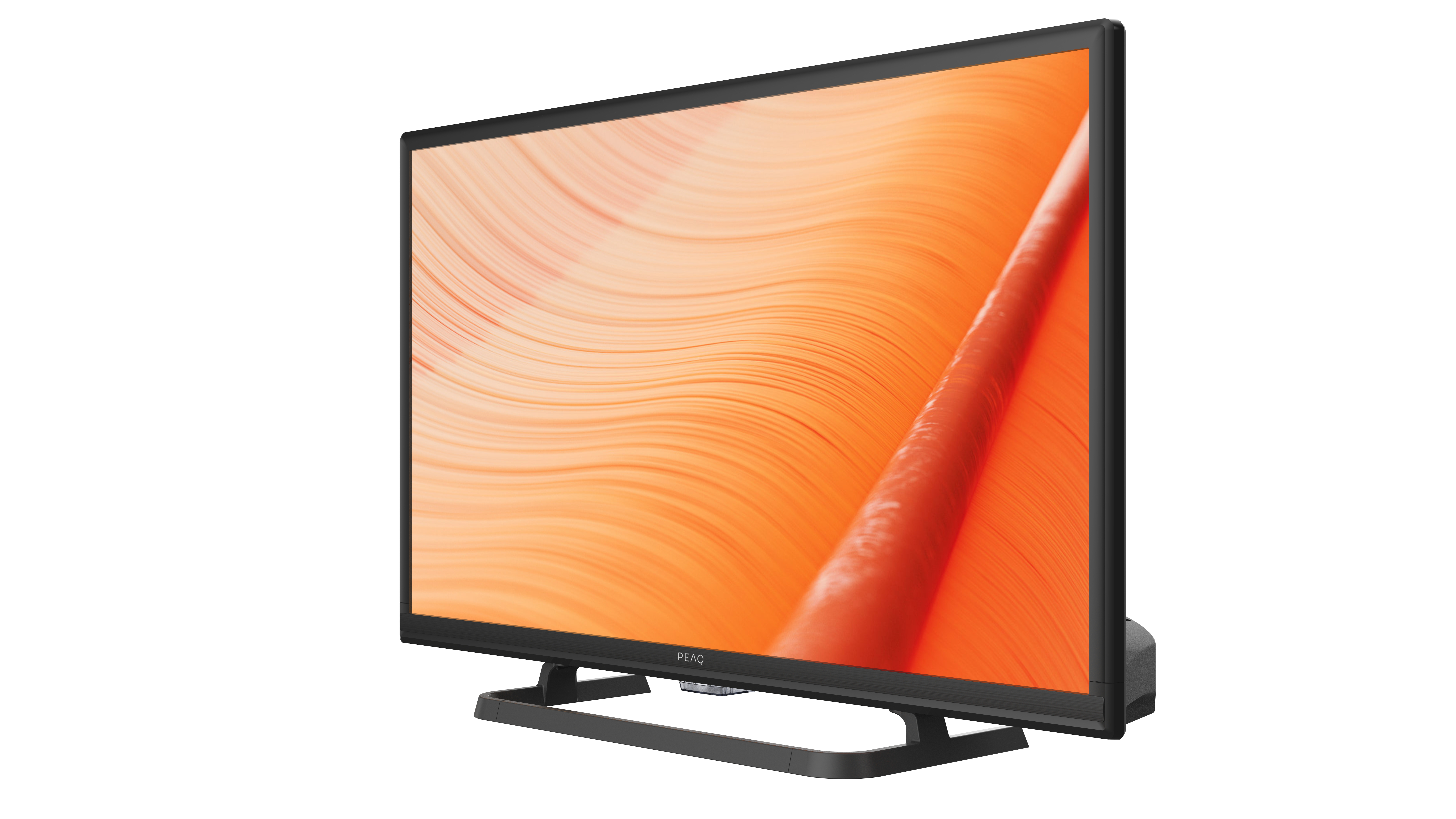 Ein schwarzer Fernseher mit Ständer, der einen orangefarbenen Hintergrund zeigt.