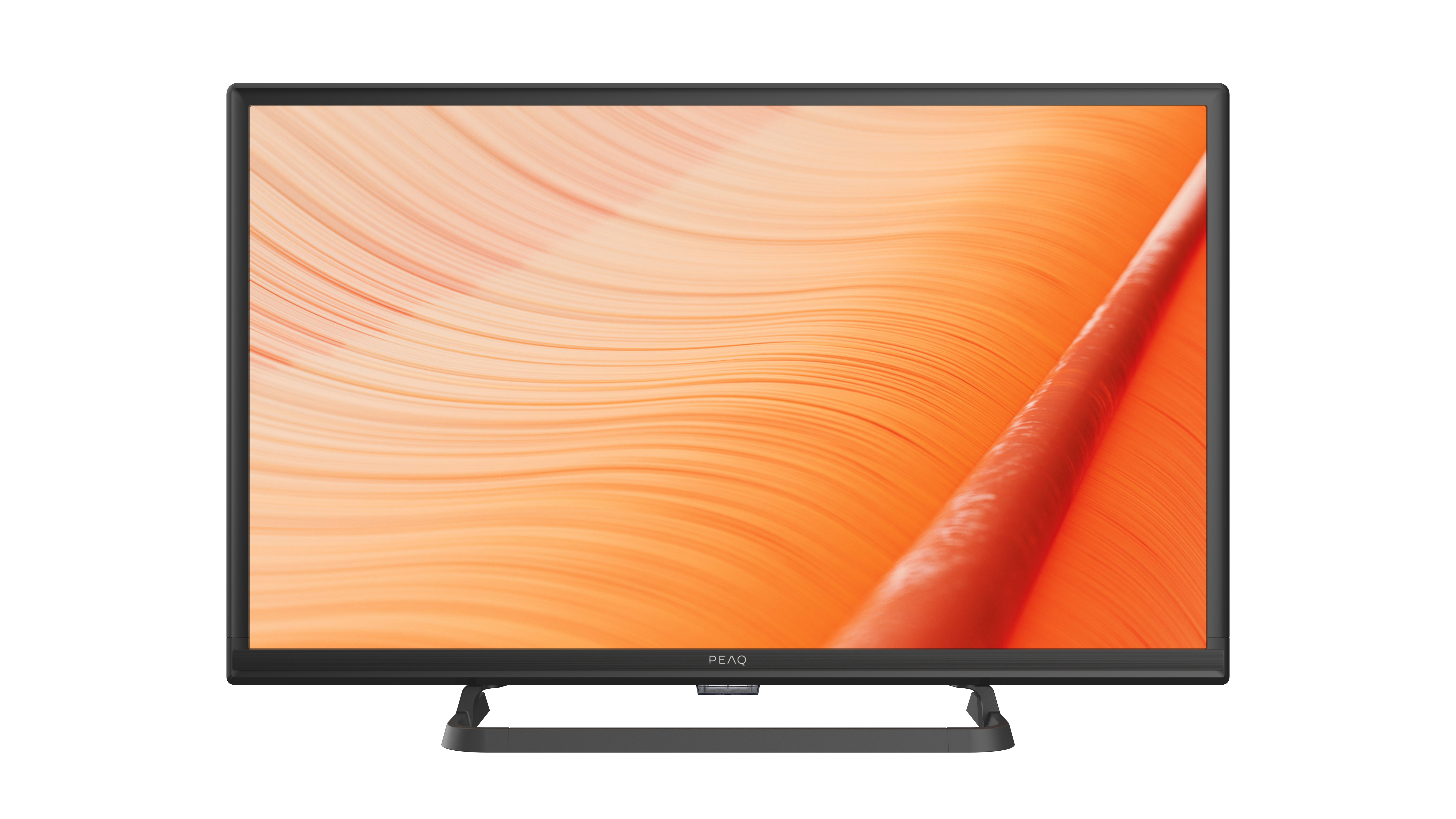 Ein schwarzer Fernseher mit einem Bildschirm, der ein oranges abstraktes Muster zeigt. Er hat einen Ständer.