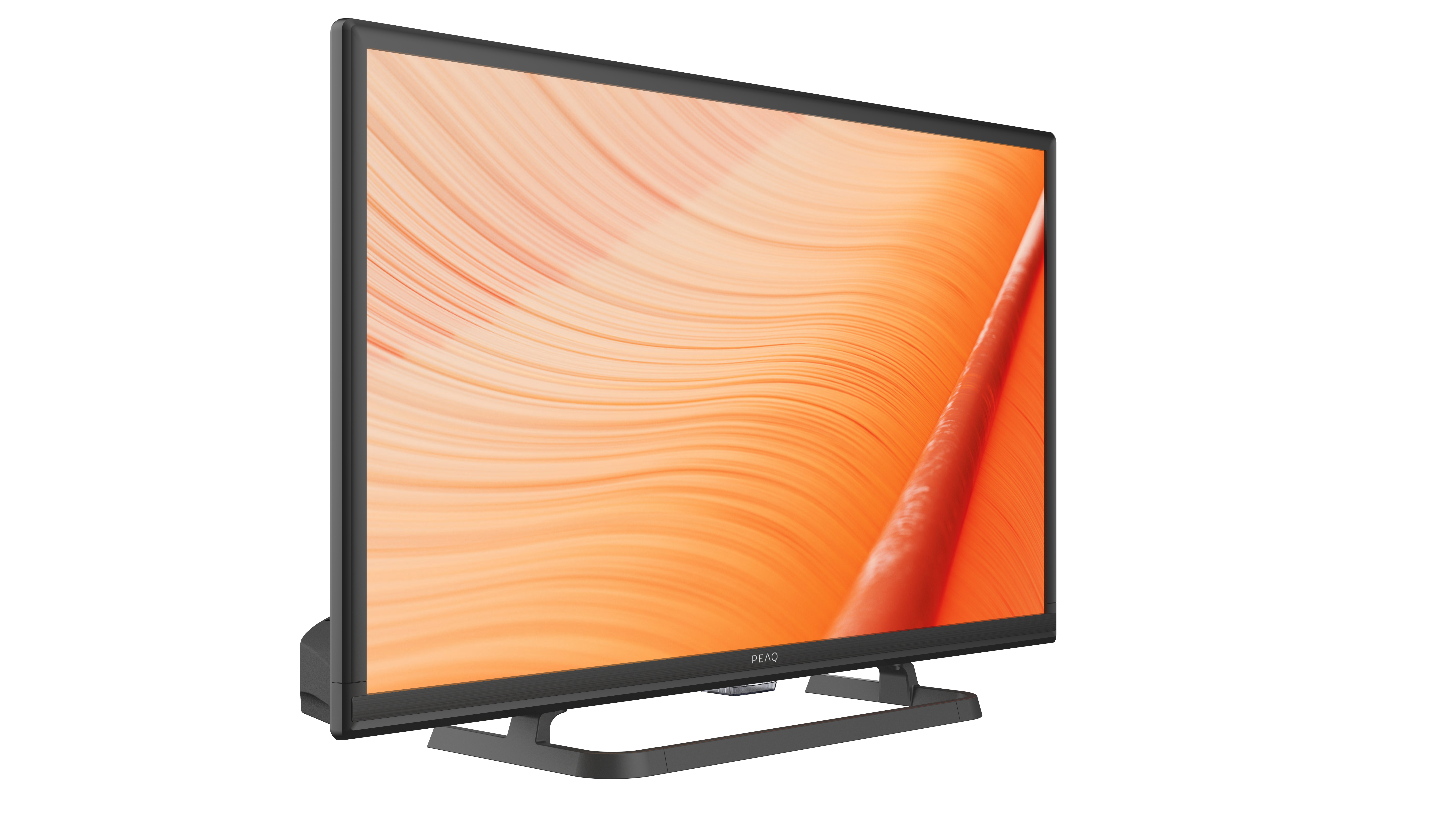 Ein Flachbildfernseher auf einem Ständer, der einen abstrakten orangefarbenen Hintergrund zeigt.
