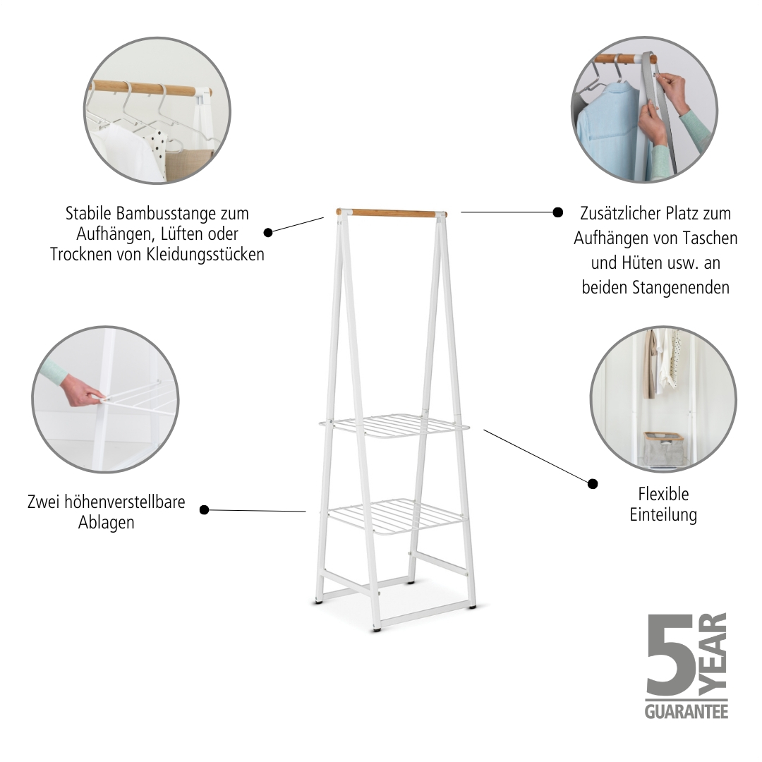 Weißer Kleiderständer mit Holzaufsatz, zwei Regalen und runden Illustrationen mit Textanmerkungen.