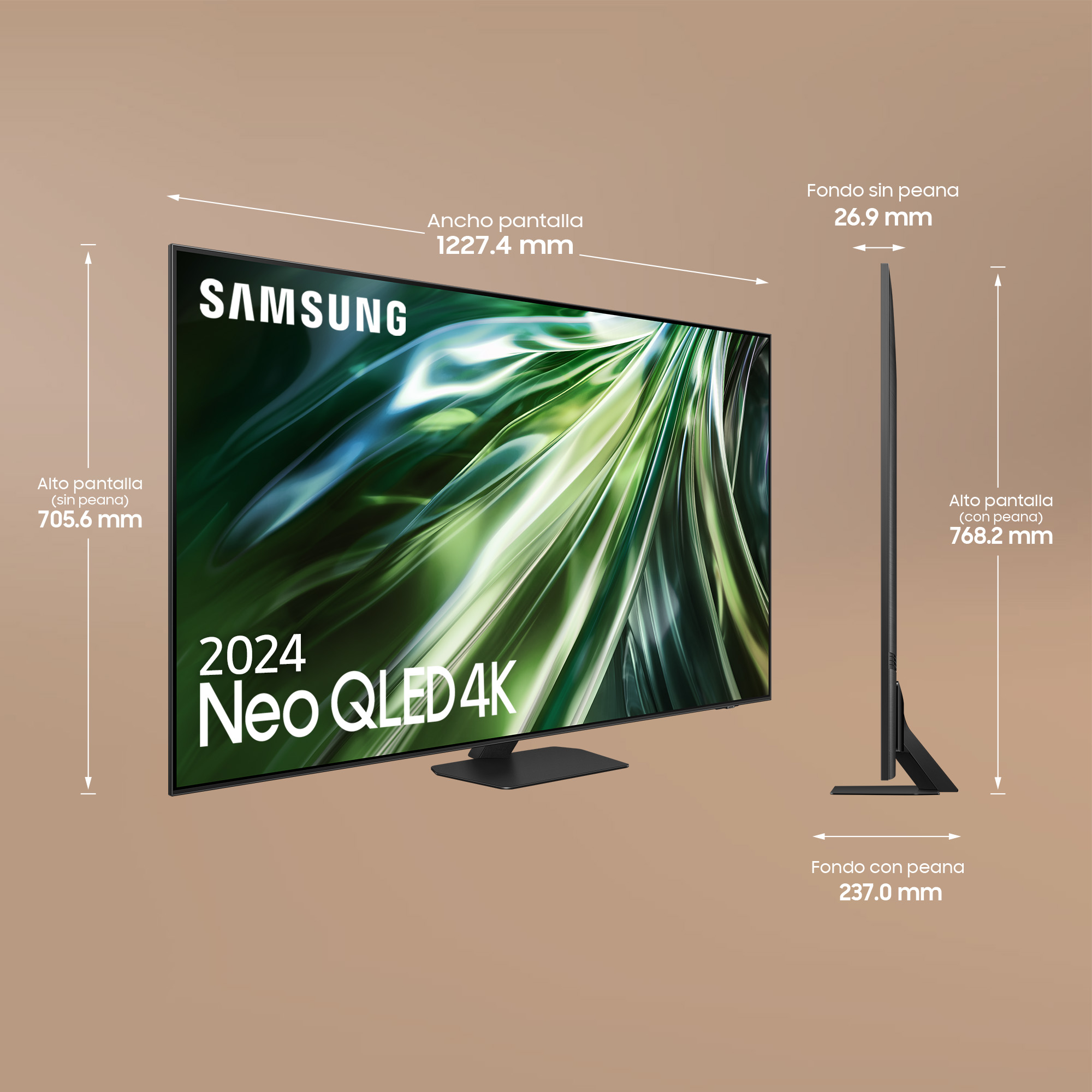 TV 2024 Neo QLED 4K con dimensiones etiquetadas en mm.