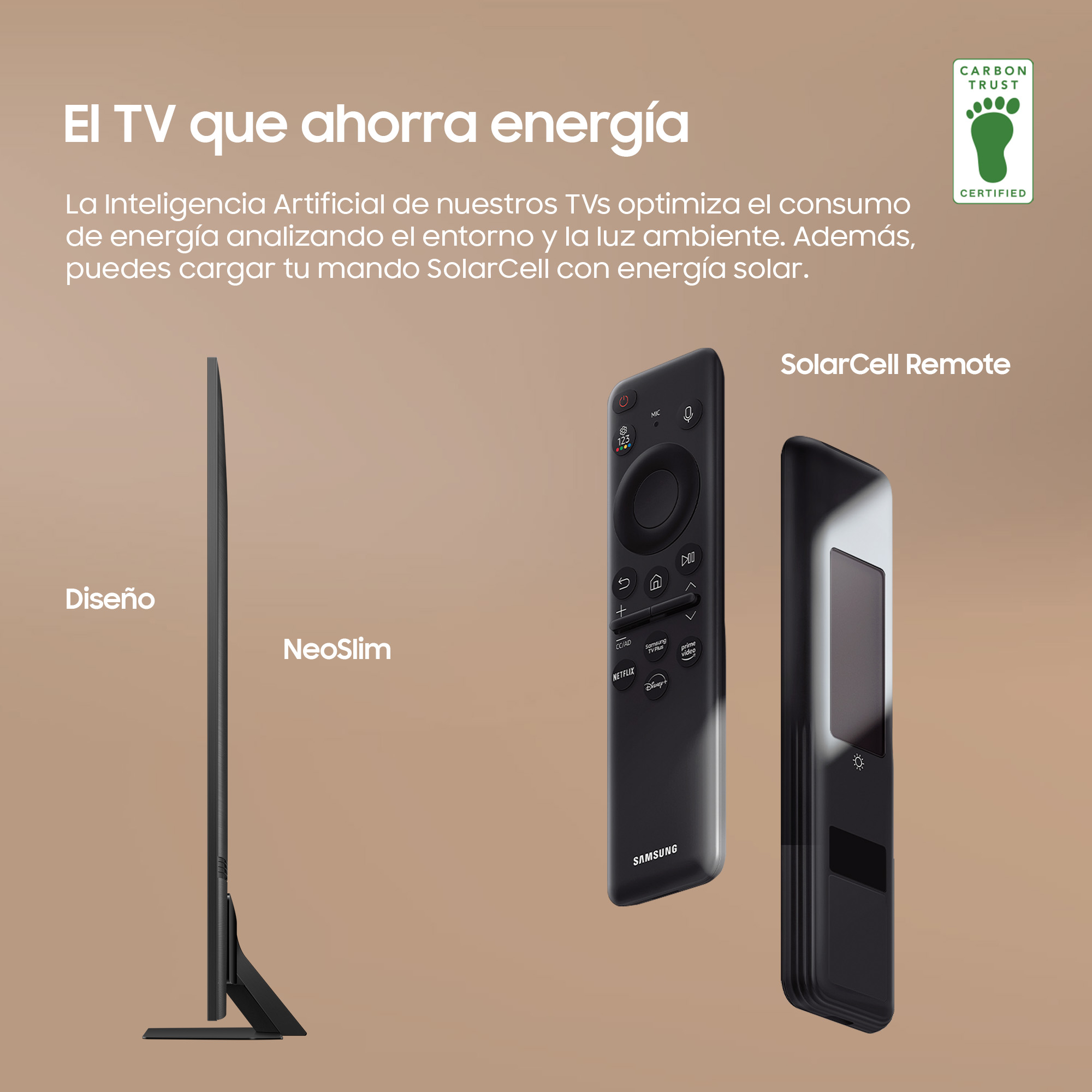 Un televisor moderno con su mando a distancia, con texto sobre ahorro de energía.