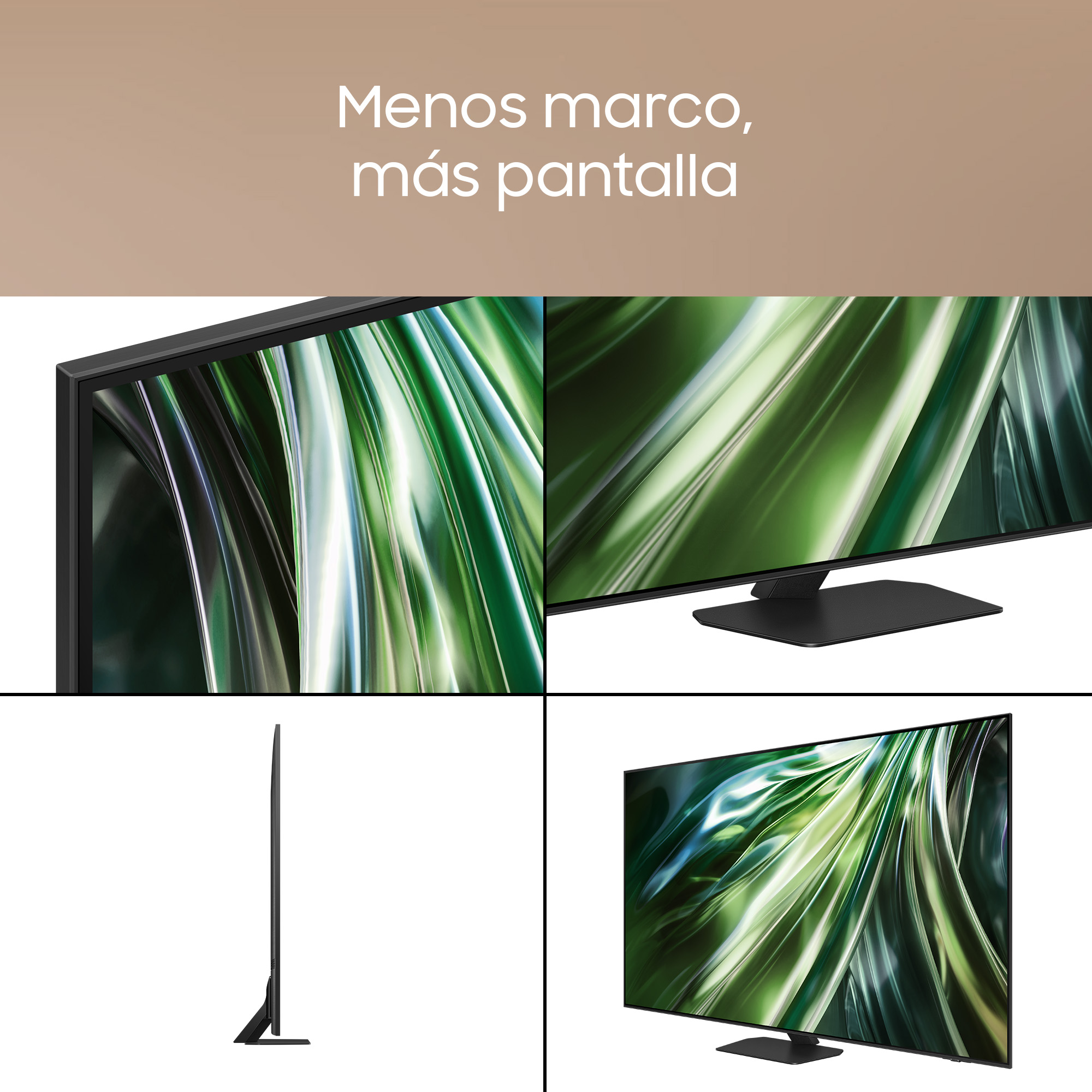 Múltiples vistas de una pantalla de TV mostrando un diseño abstracto verde y blanco, con texto en español.