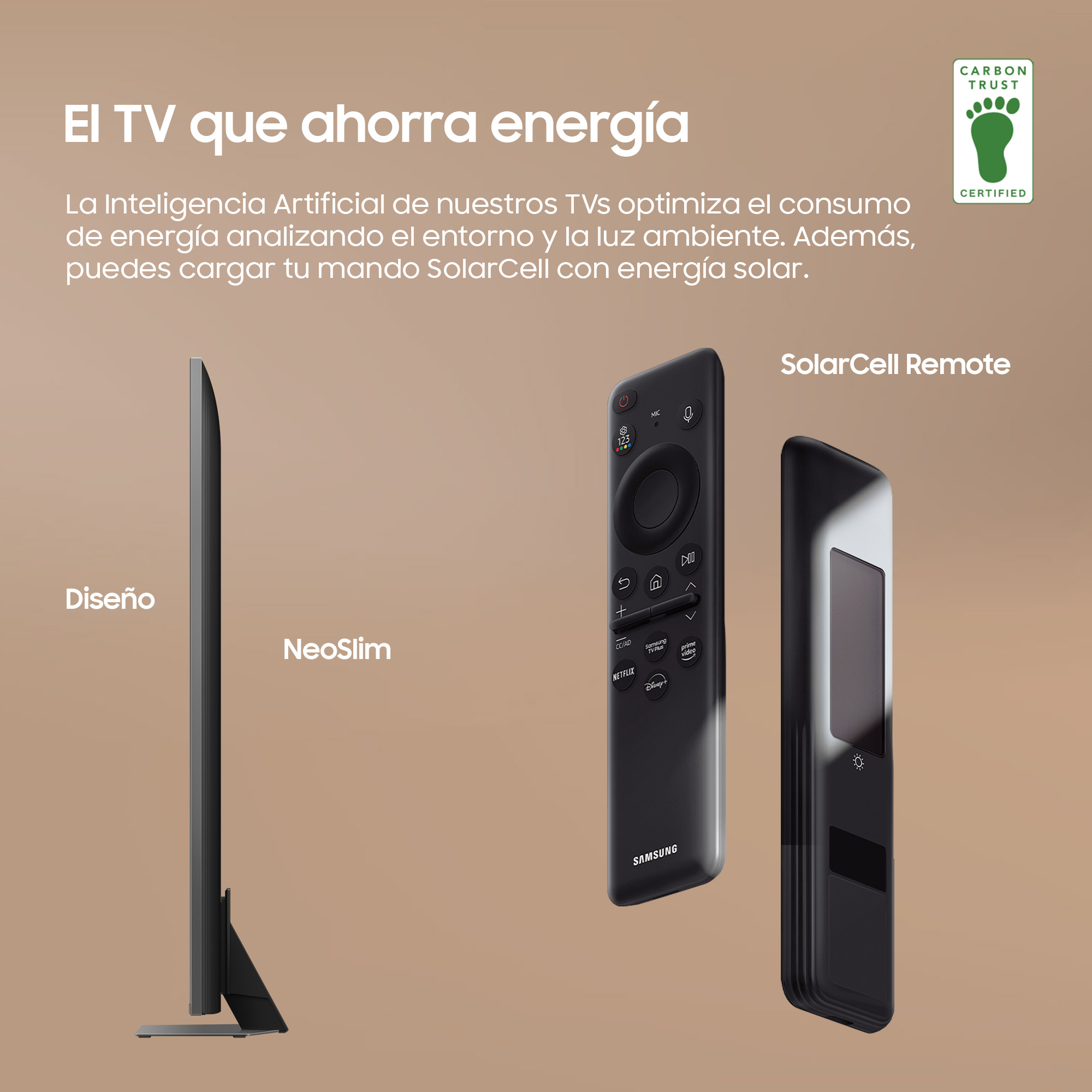 Un televisor con diseño NeoSlim, el mando a distancia y texto que describe las funciones de ahorro de energía.