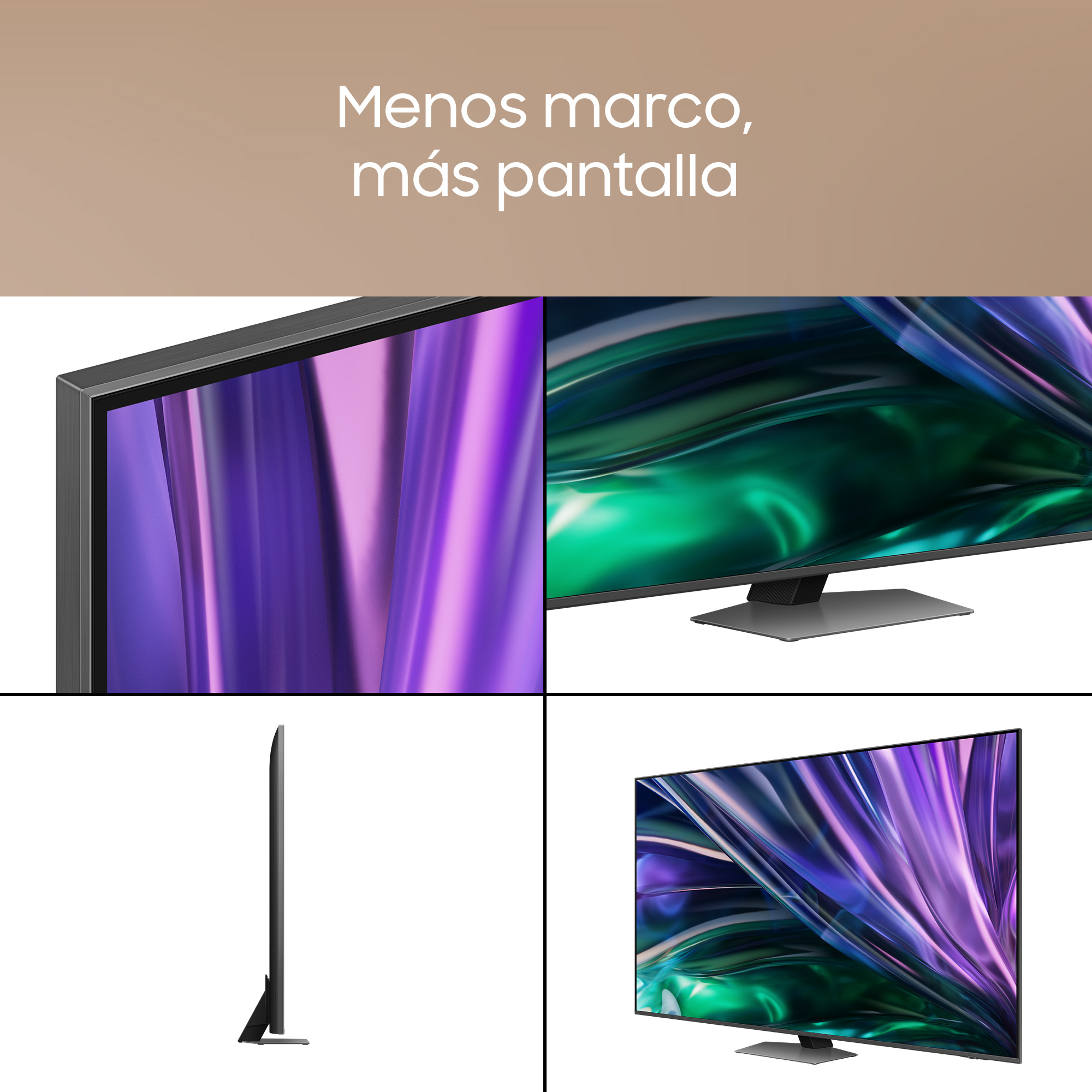 TV con marco mínimo, mostrando detalles de pantalla y varias perspectivas.