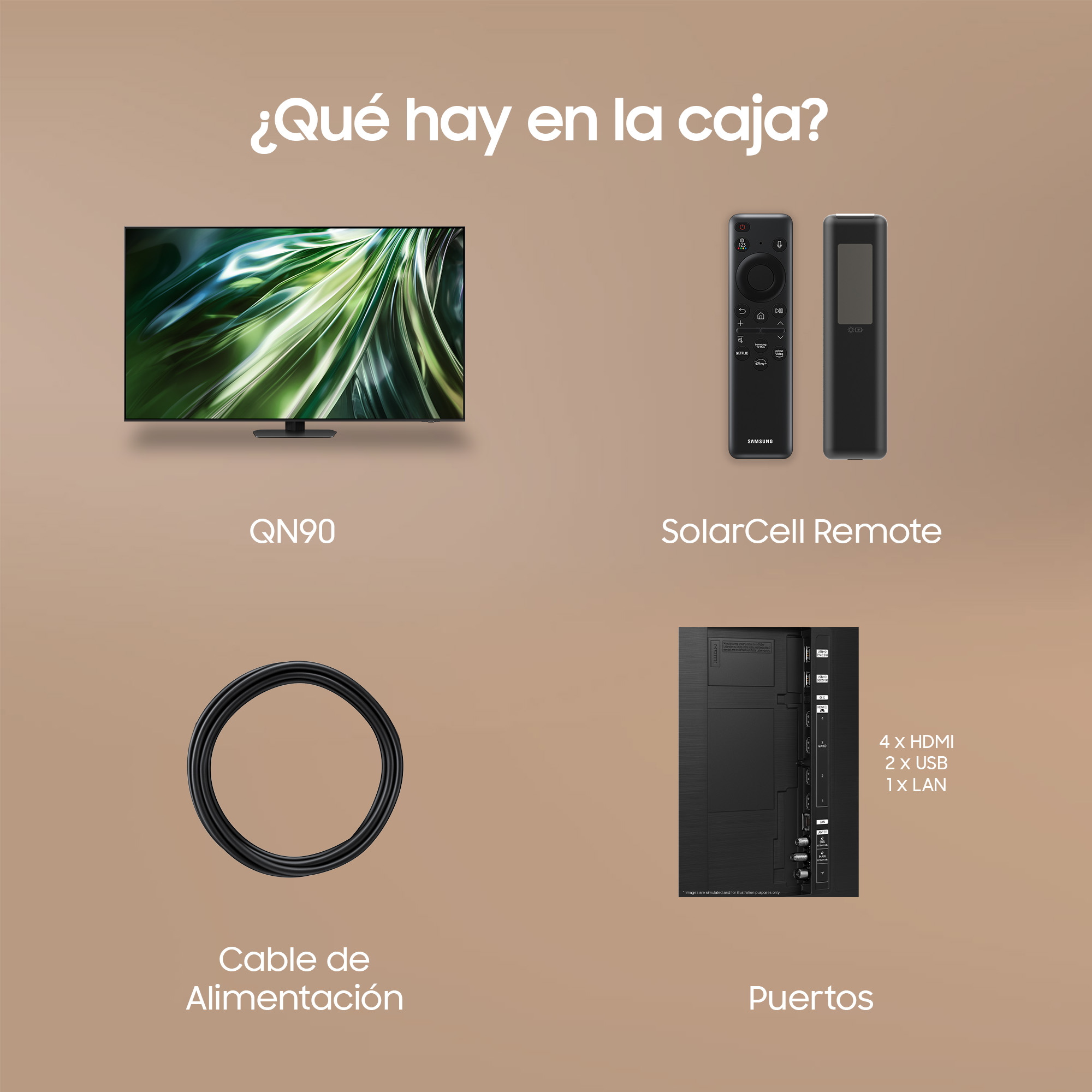 Imagen que muestra TV, mandos a distancia y puertos, con texto en español, sobre un fondo beige.