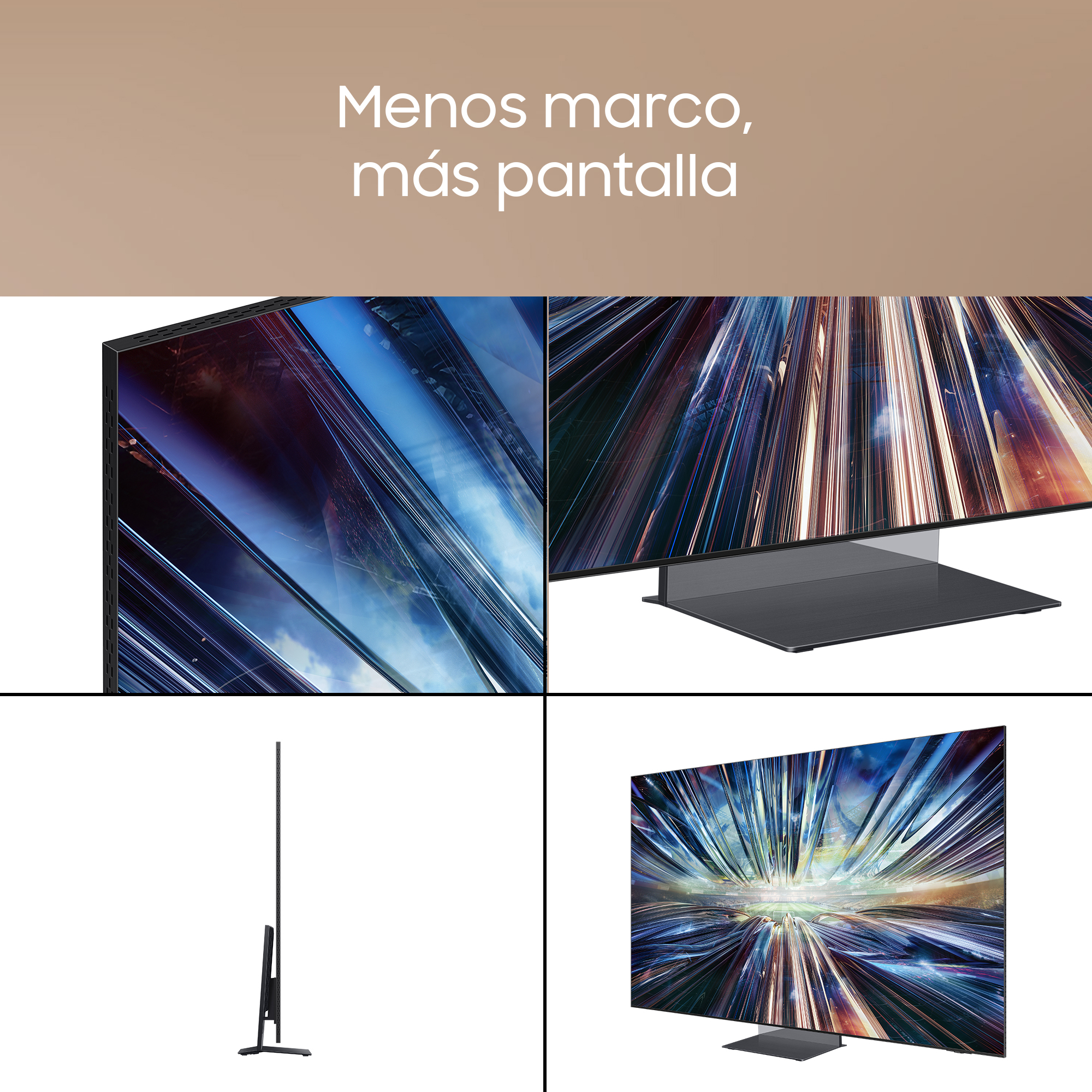 Cuatro pantallas de TV diferentes. Texto: Menos marco, más pantalla.