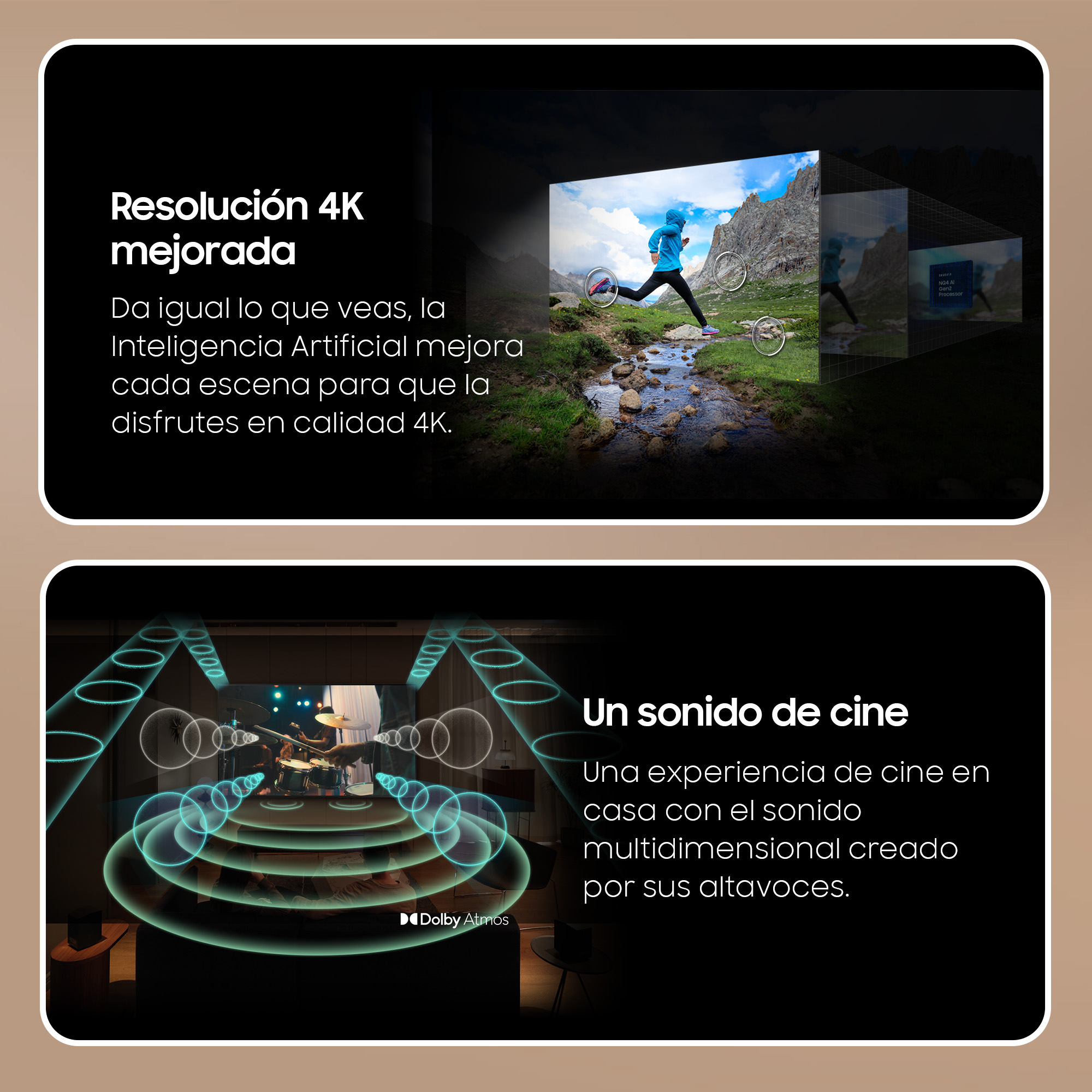 Una pantalla de TV con una imagen y texto sobre resolución 4K mejorada.