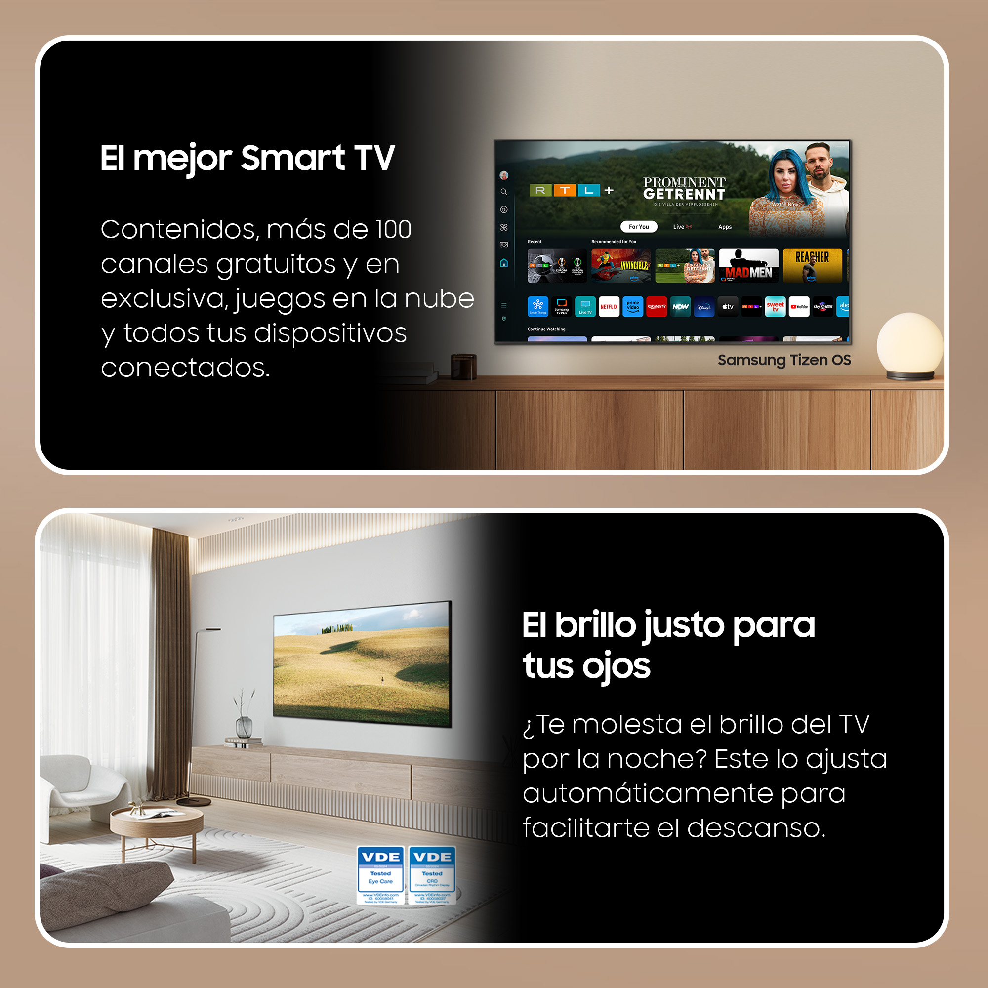 Dos imágenes con texto y gráficos sobre las funciones de TV, incluido un televisor en una sala de estar.
