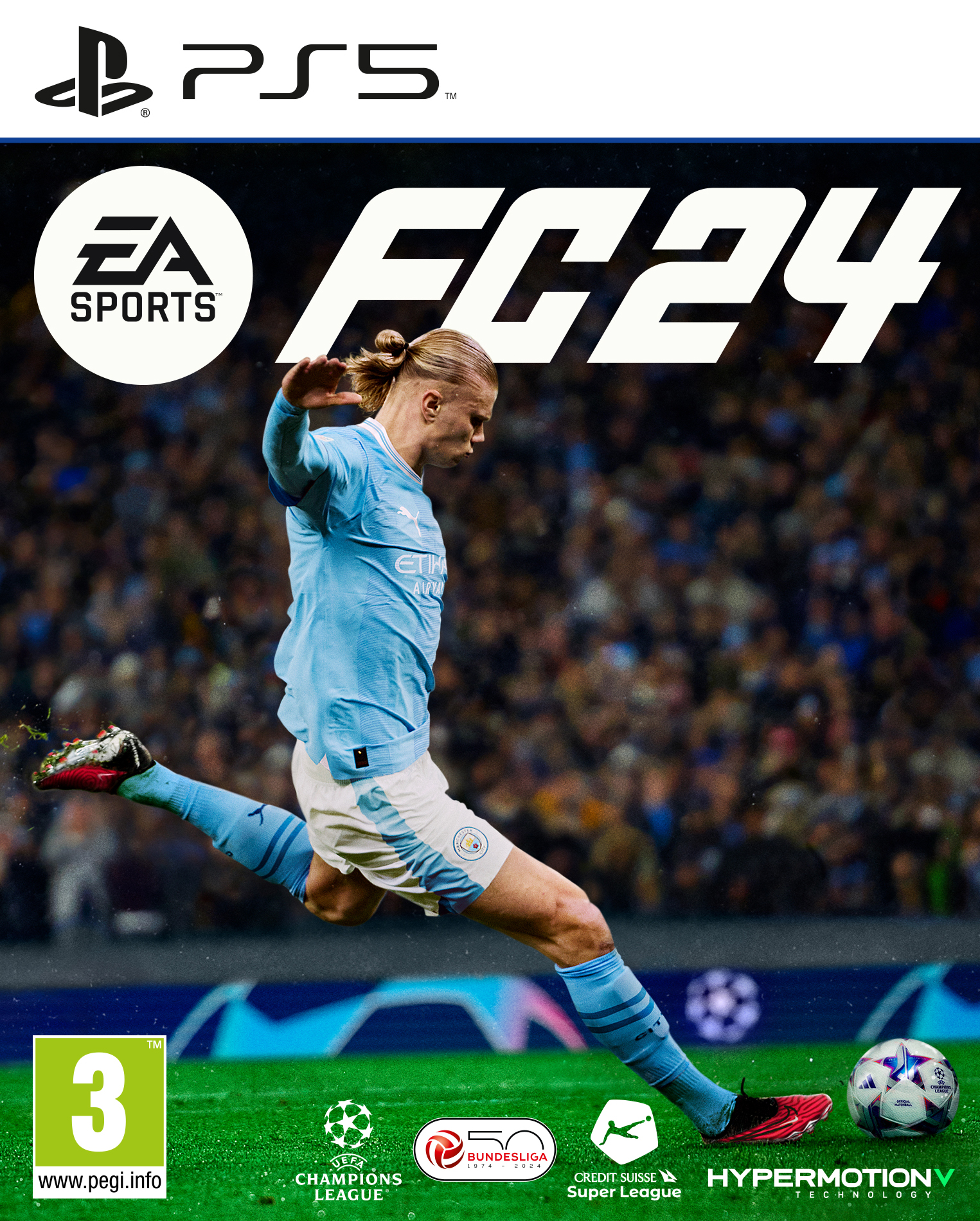 FC24-Spielcover mit Haaland, der einen Fußball in einem Stadion tritt.