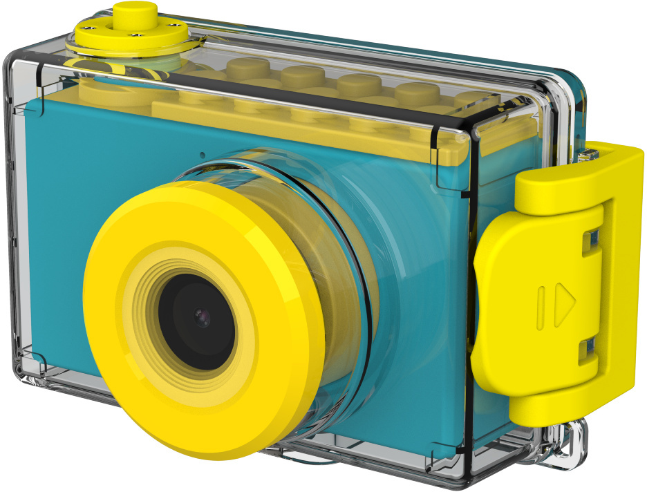 Eine türkis-gelbe Unterwasserkamera mit transparentem Gehäuse. Knöpfe und Objektiv sind gelb.