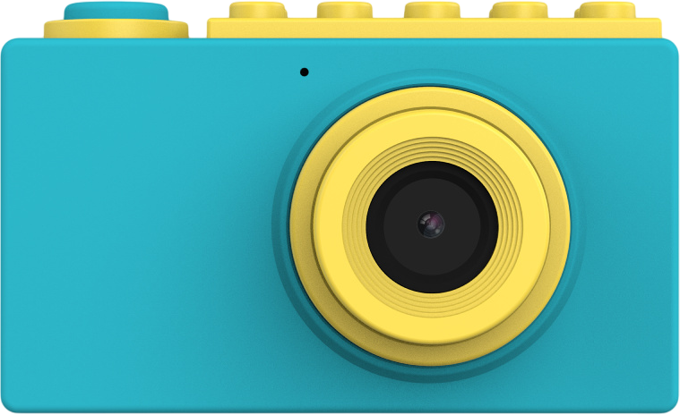 Eine türkis-gelbe Spielzeugkamera mit großem Objektiv.