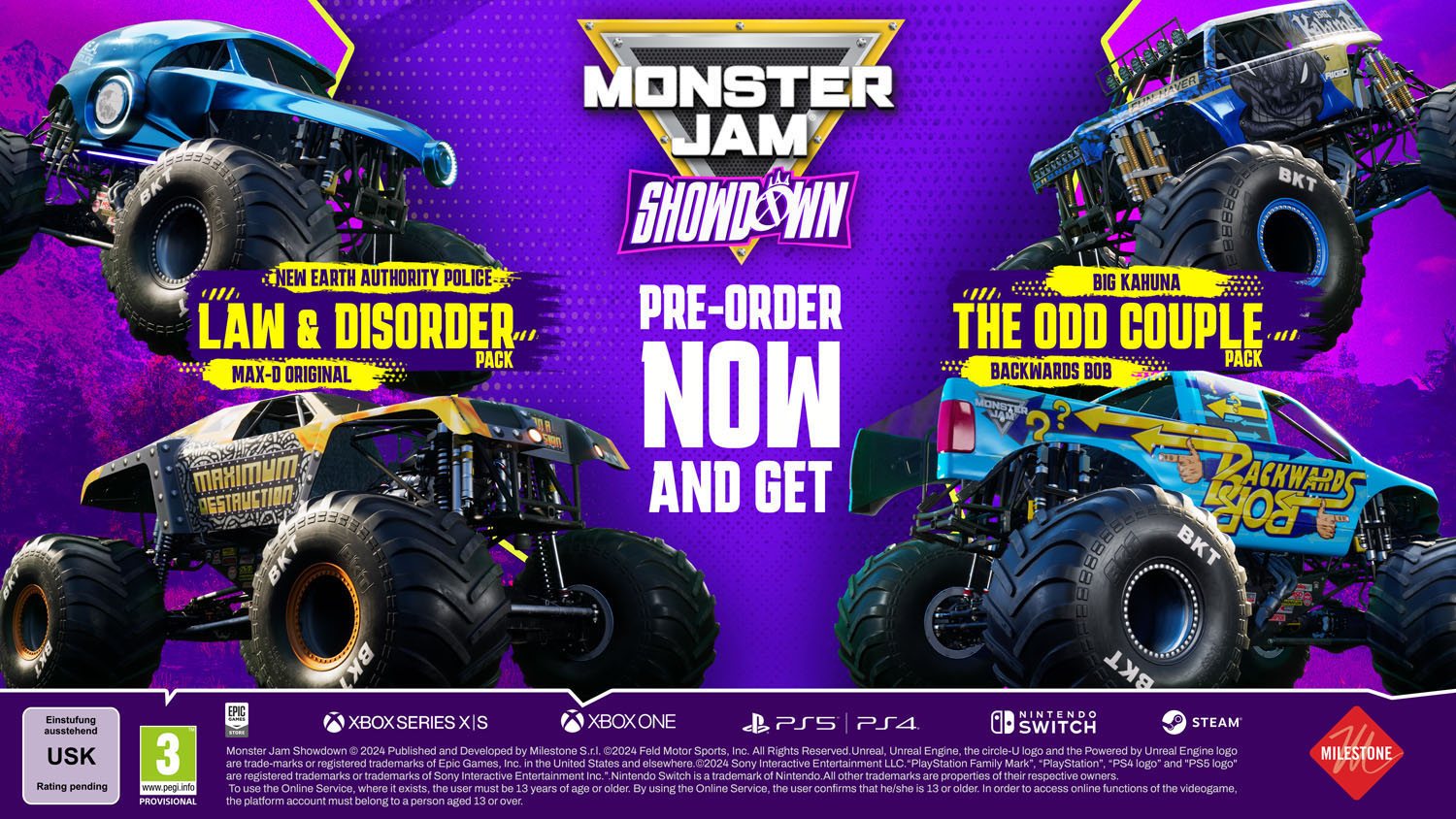 Publicité pour le jeu vidéo Monster Jam Showdown avec des monster trucks, des logos et des informations de précommande.