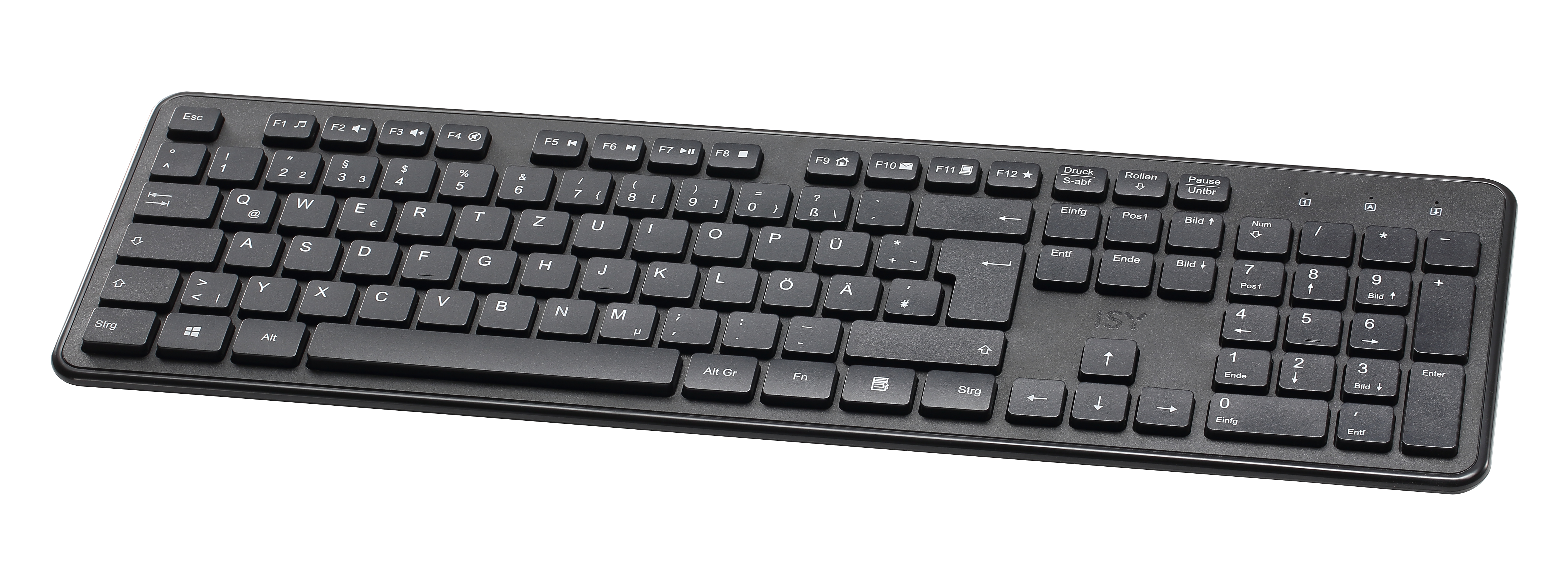 Eine schwarze Tastatur von oben betrachtet, mit Tasten im QWERTY-Layout und zusätzlichen Funktionstasten.