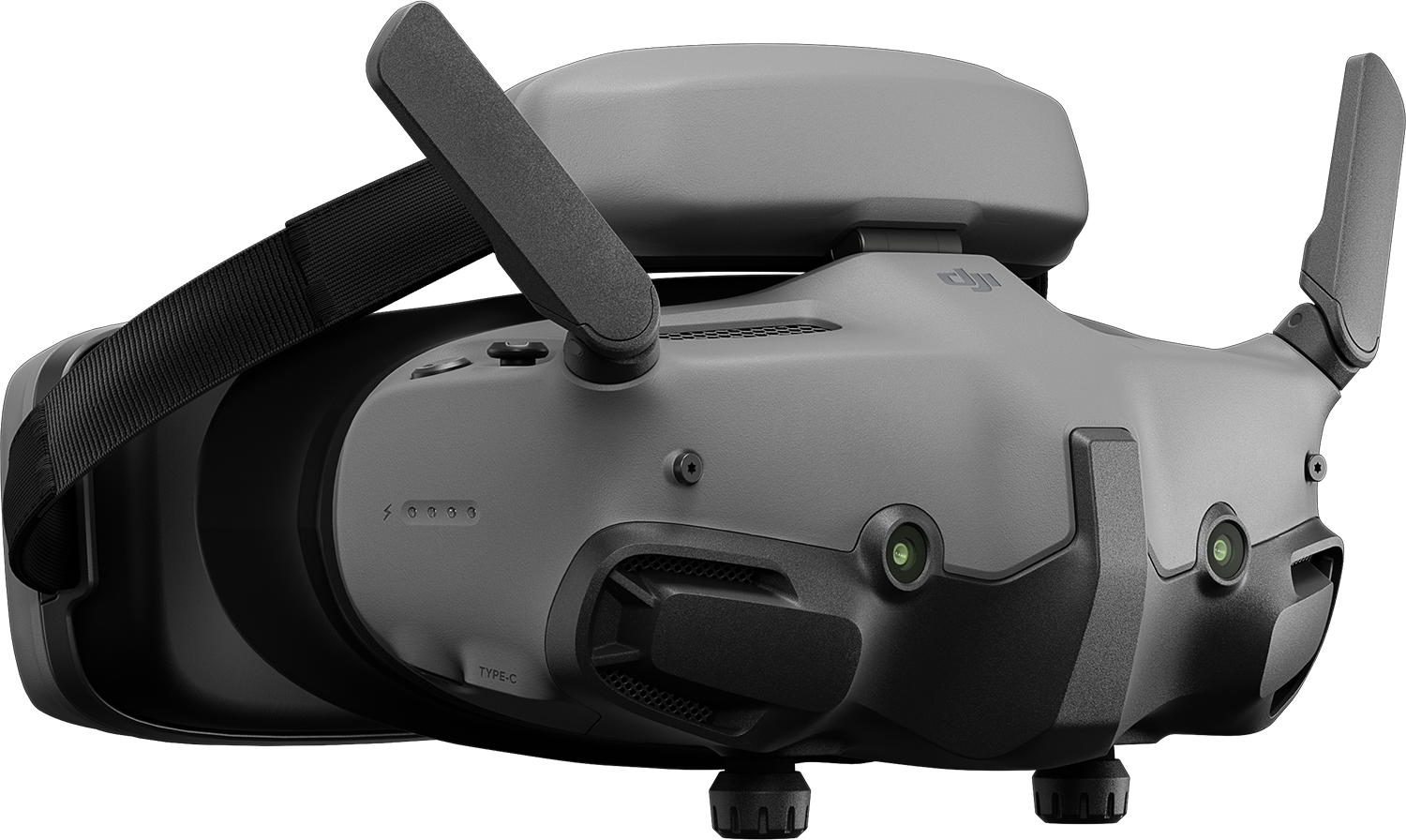 Szürke virtuális valóság headset antennákkal. A headset fekete háttéren van.