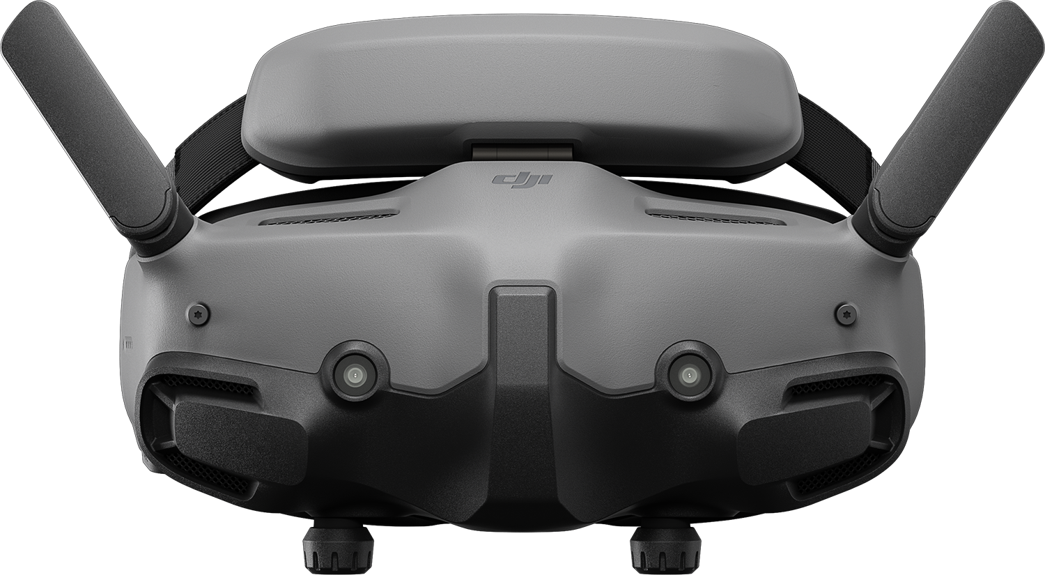 DJI FPV szemüveg, szürke és fekete. Két antenna, két elülső kamera és egy logó.