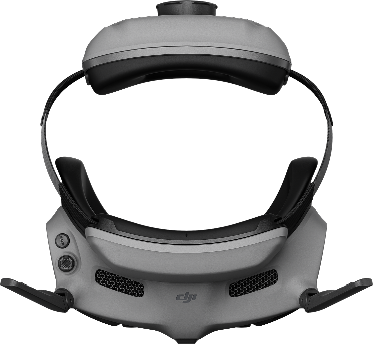 Szürke VR headset vezérlőkkel és DJI logóval, fekete háttér előtt.