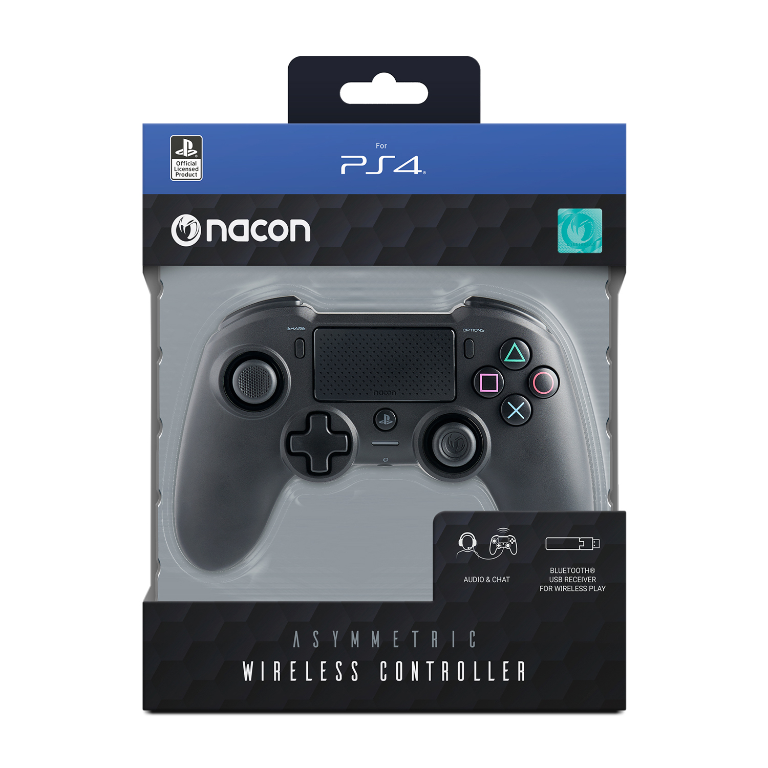 Controller wireless nero in confezione, per giochi PS4. Il controller ha pulsanti visibili.