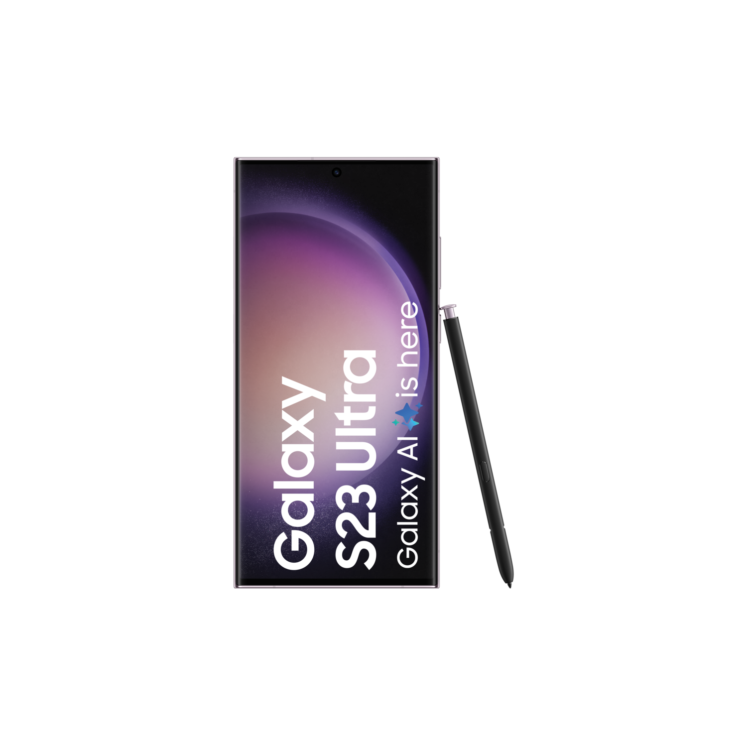 Samsung Galaxy S23 Ultra telefoon en een stylus, op een zwarte achtergrond. De telefoon toont zijn scherm.