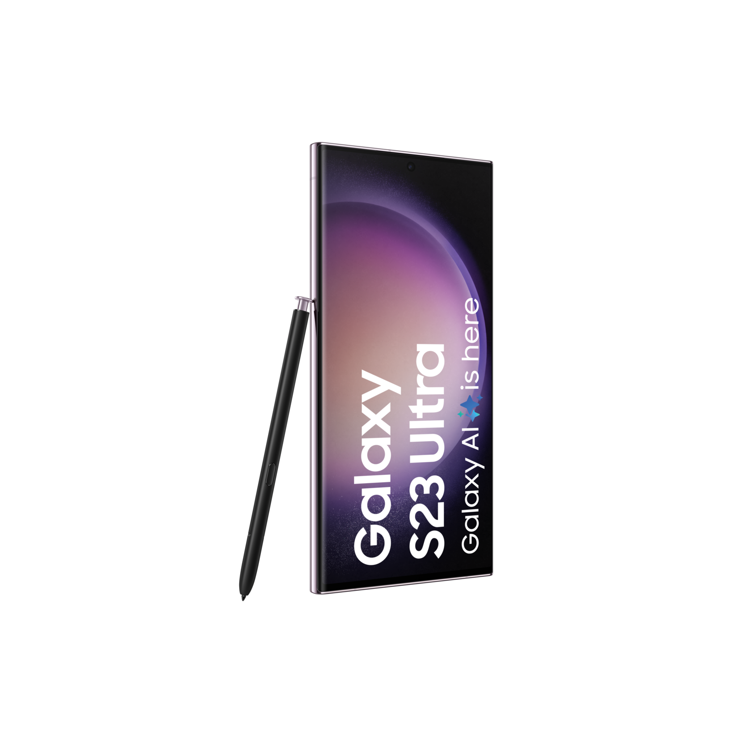 Samsung Galaxy S23 Ultra-telefoon met S Pen op zwarte achtergrond.