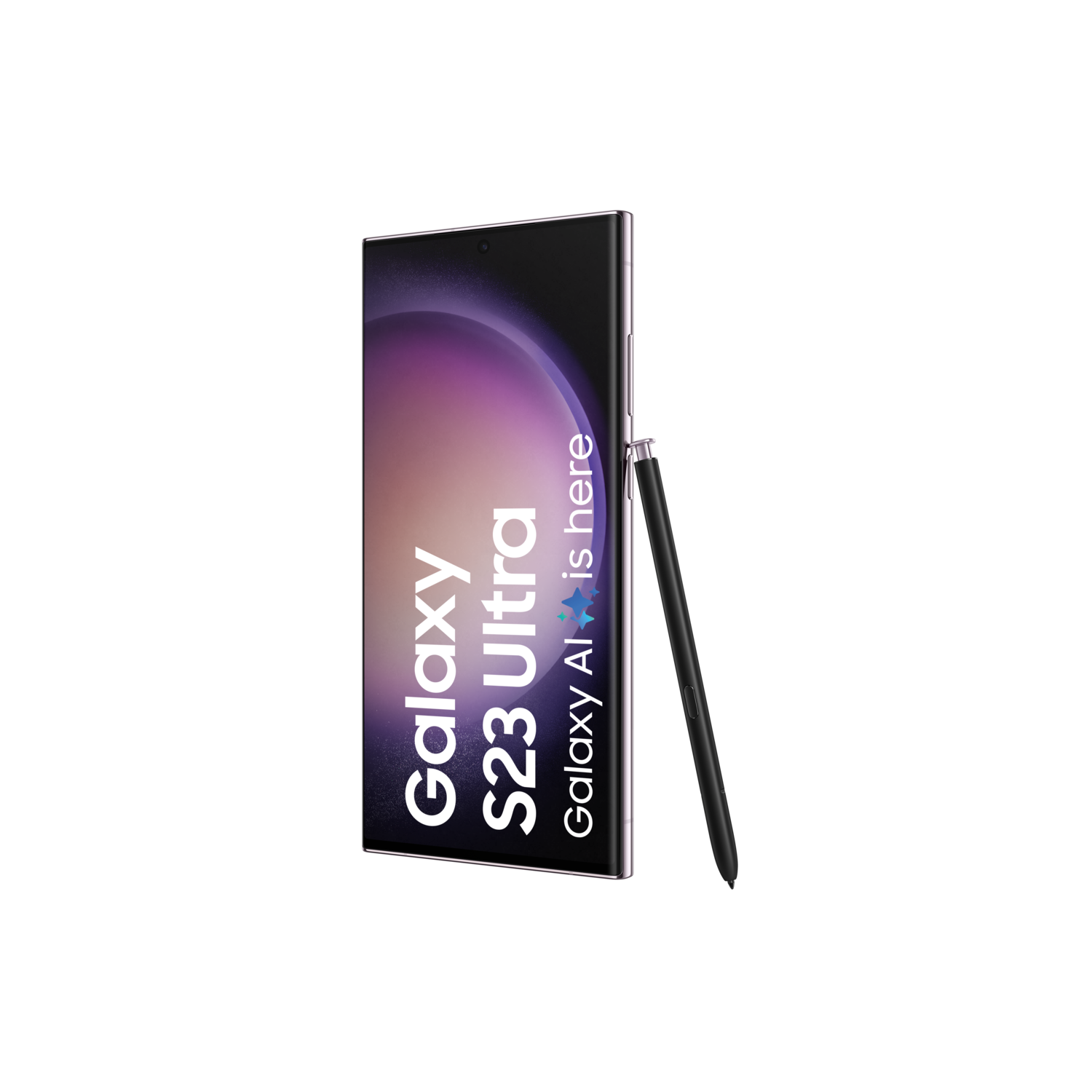 Zwarte telefoon met stylus op een zwarte achtergrond. Er staat "Galaxy S23 Ultra" en "Galaxy AI is here" op.