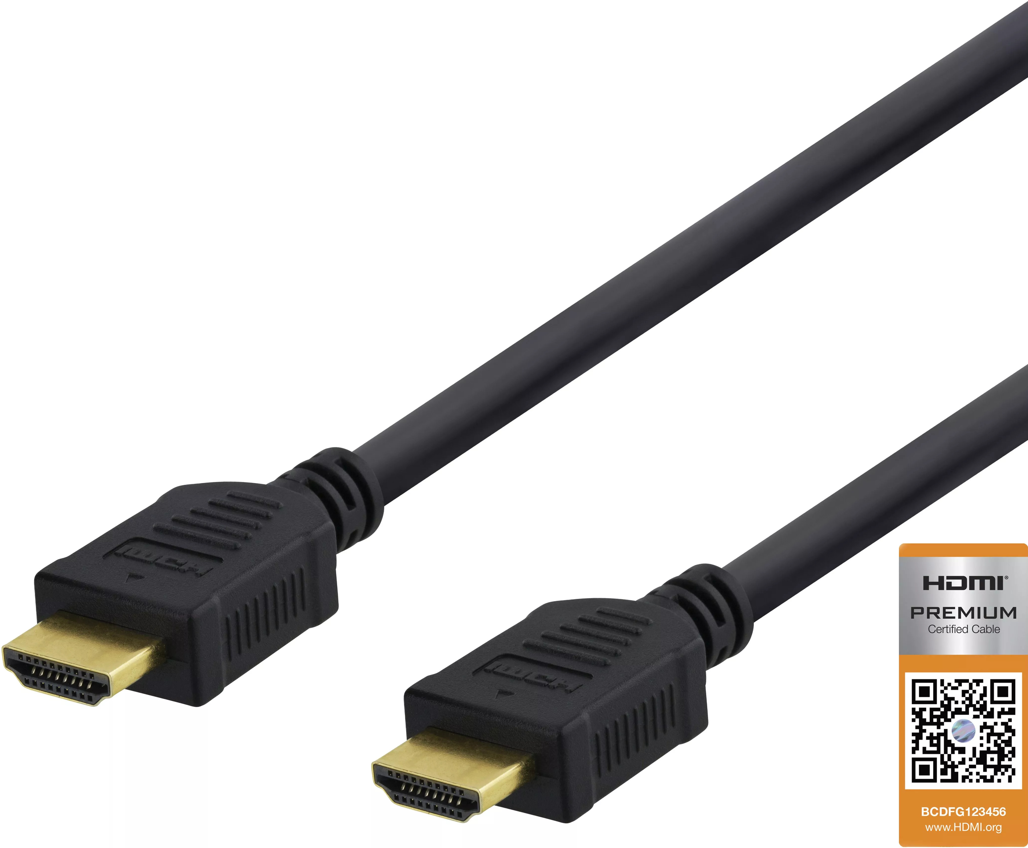 Ein schwarzes HDMI-Kabel mit goldfarbenen Anschlüssen. Das Kabel liegt auf einer weißen Oberfläche.