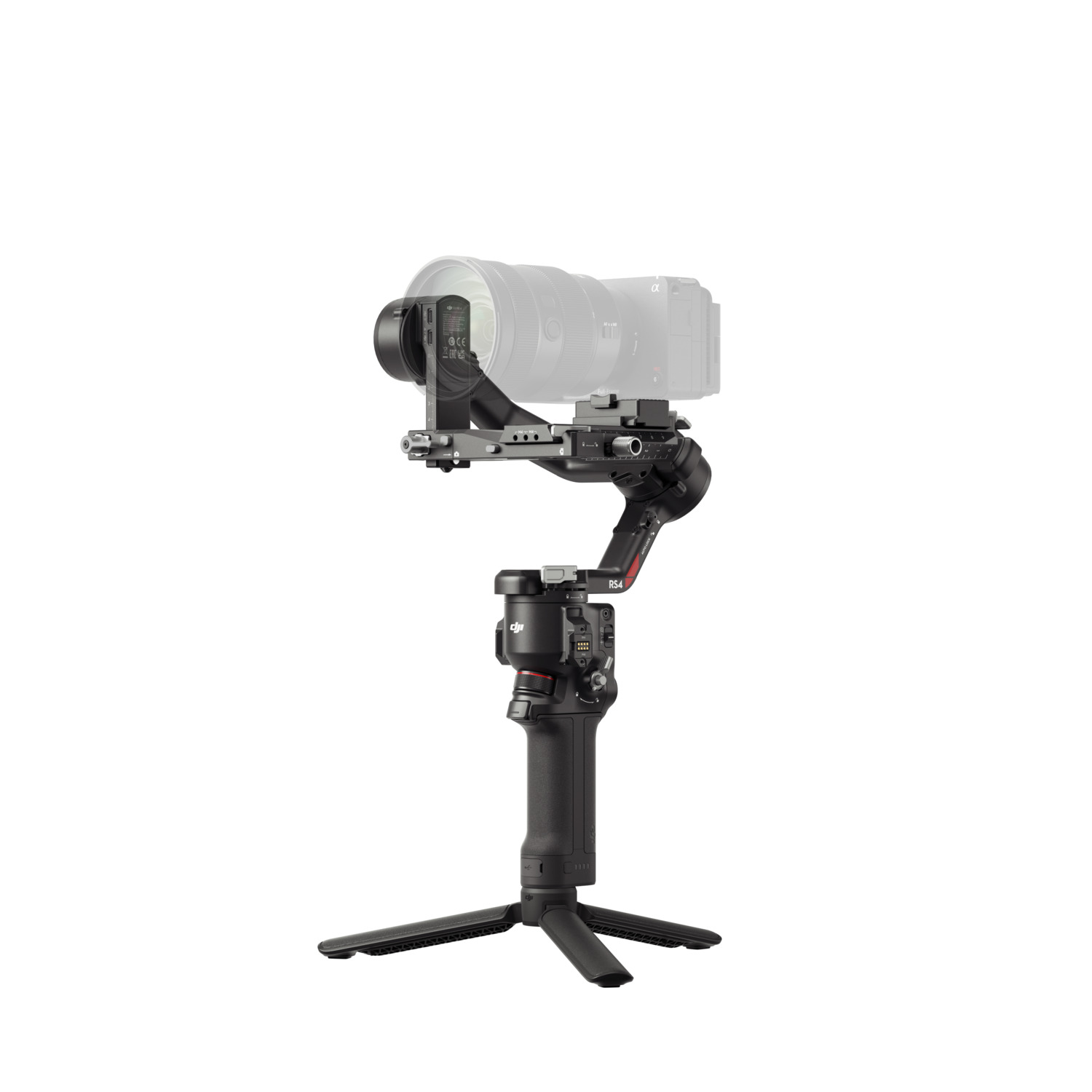 Black and red camera stabilizer with a camera on top.