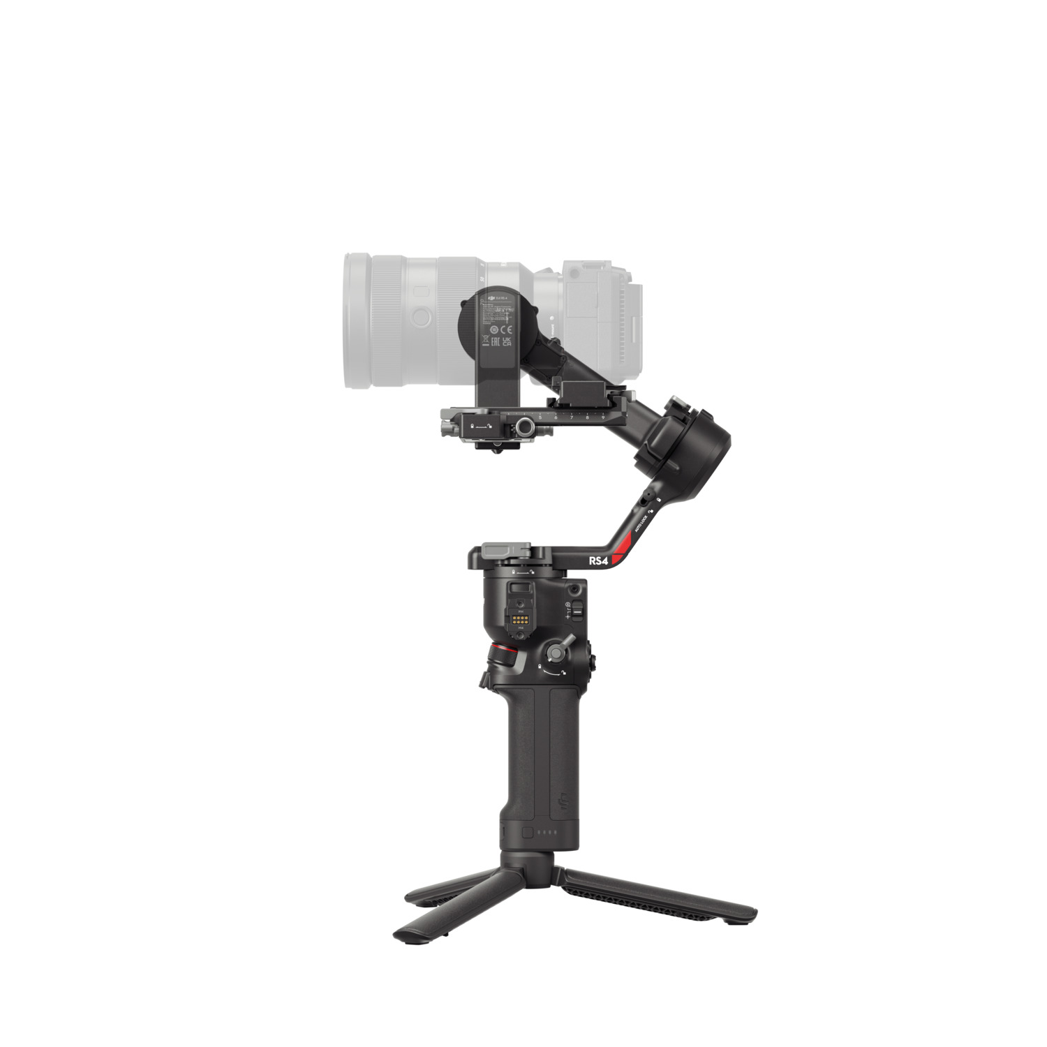 Camera gimbal with a camera attached, isolated on white background. Black and grey colors.