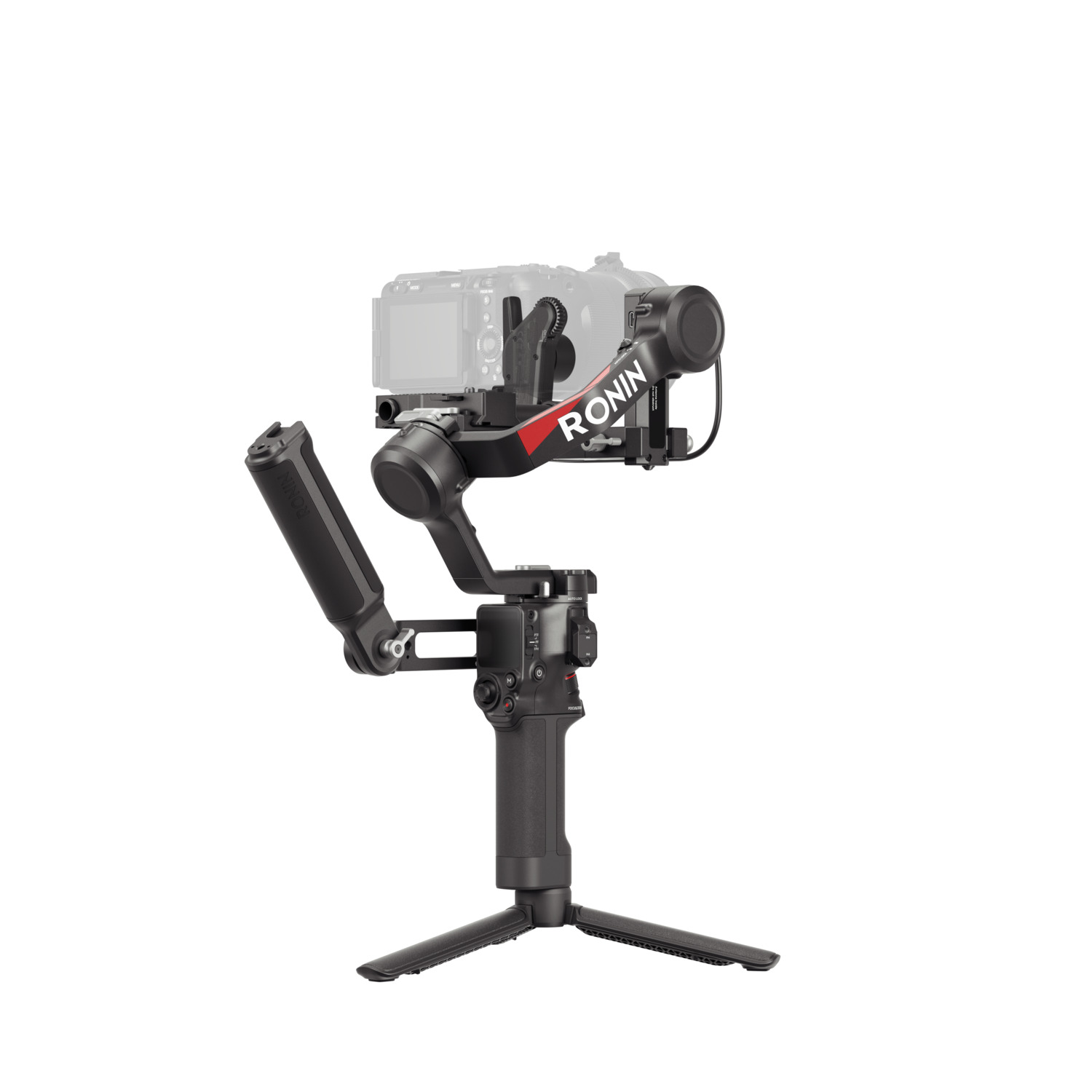 DJI Ronin camera stabilizer. Black and red, tripod base. White background.