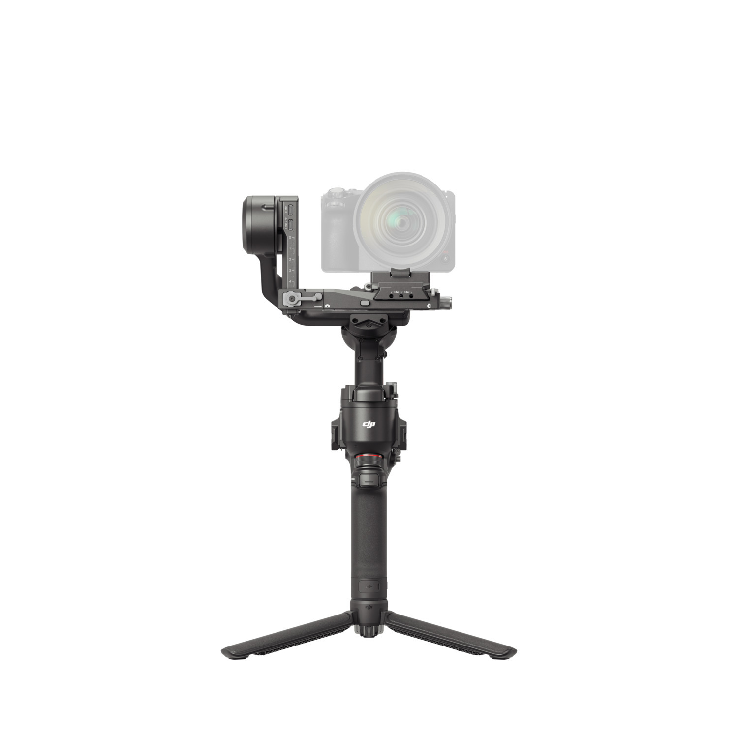 A black camera stabilizer with a camera.