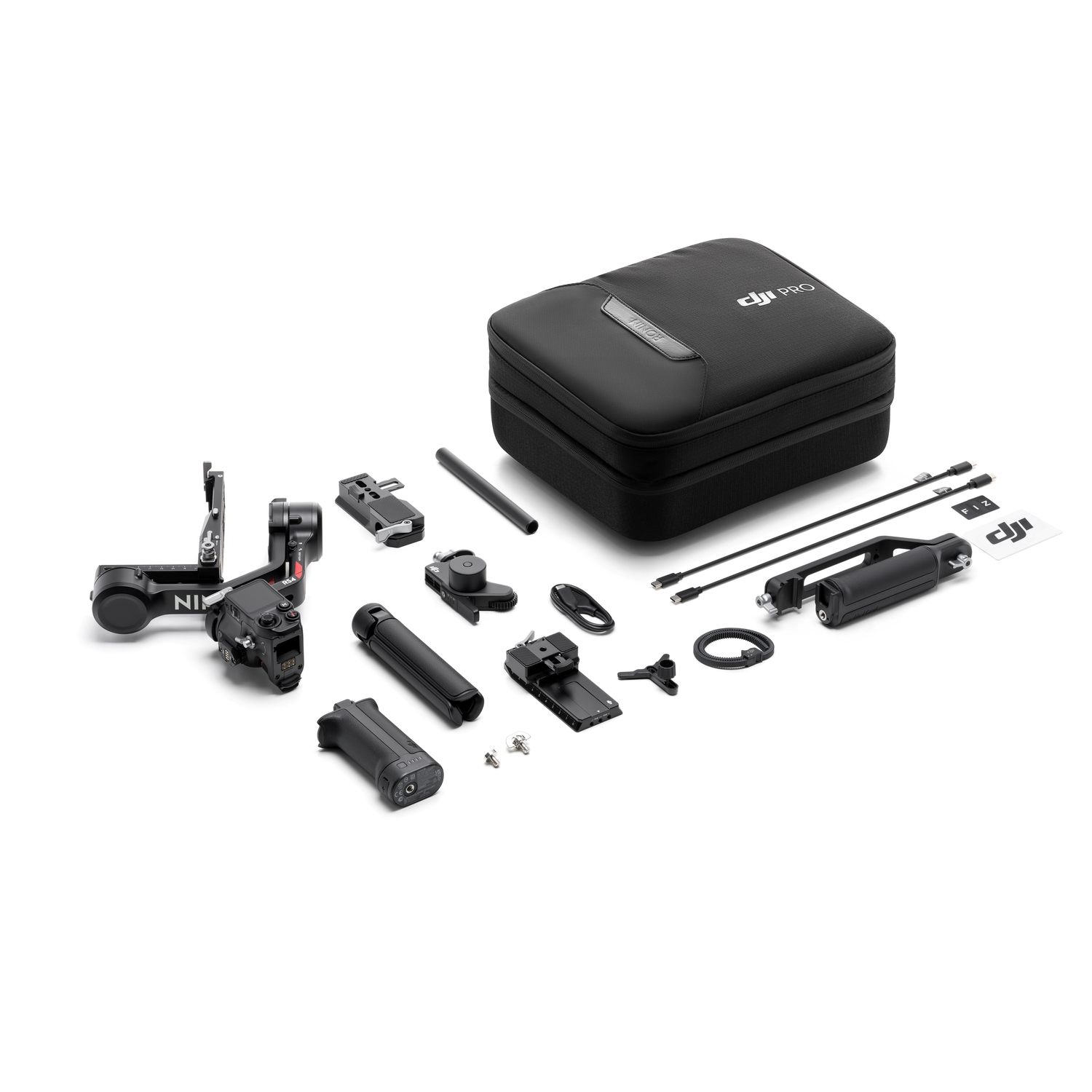 DJI Ronin RS4 Pro with accessories, including cables and a carrying case.