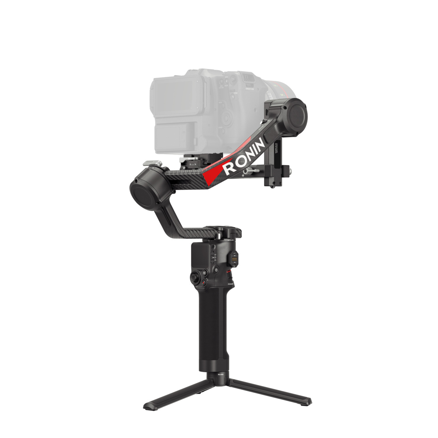A camera mounted on a black Ronin gimbal, with a red Ronin logo.