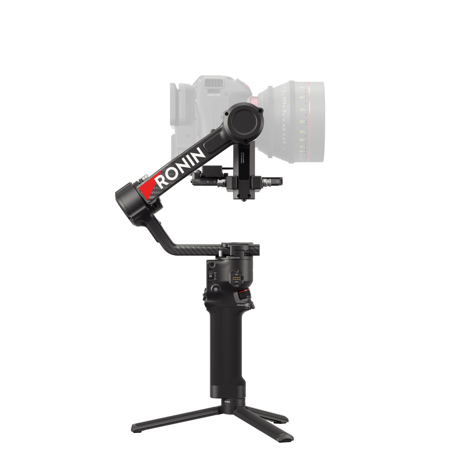 Black and red Ronin camera stabilizer with a camera mounted on it.